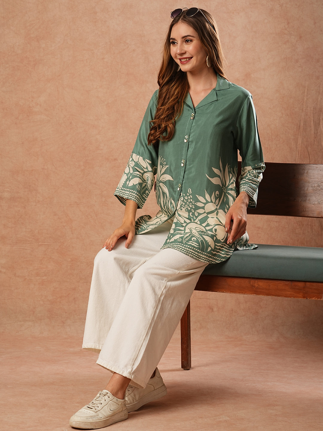 Fashor Abstract Floral Printed Straight Fit Kurti - Green - view 2