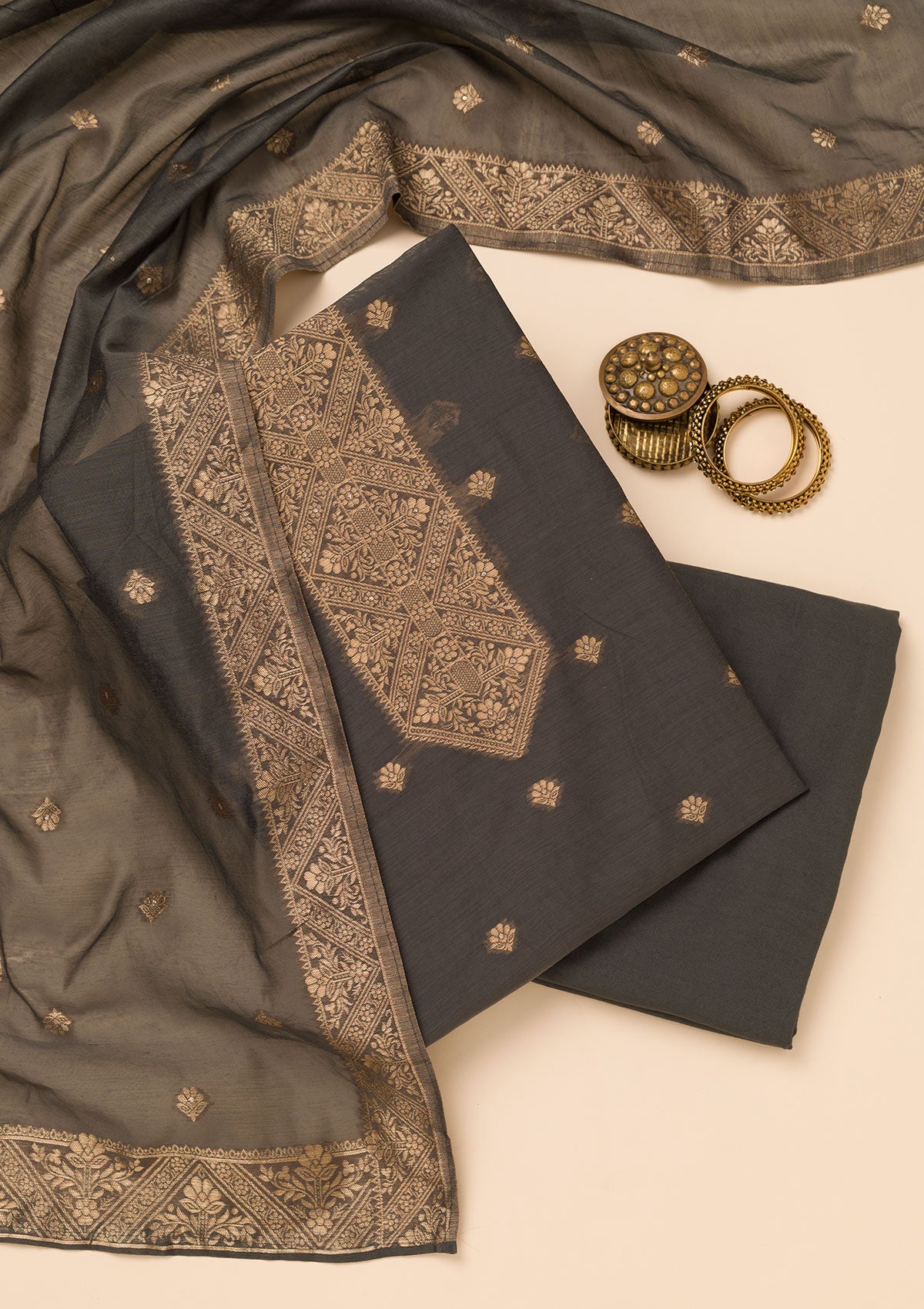 Koskii Grey Zariwork Soft Silk Unstitched Salwar Suit