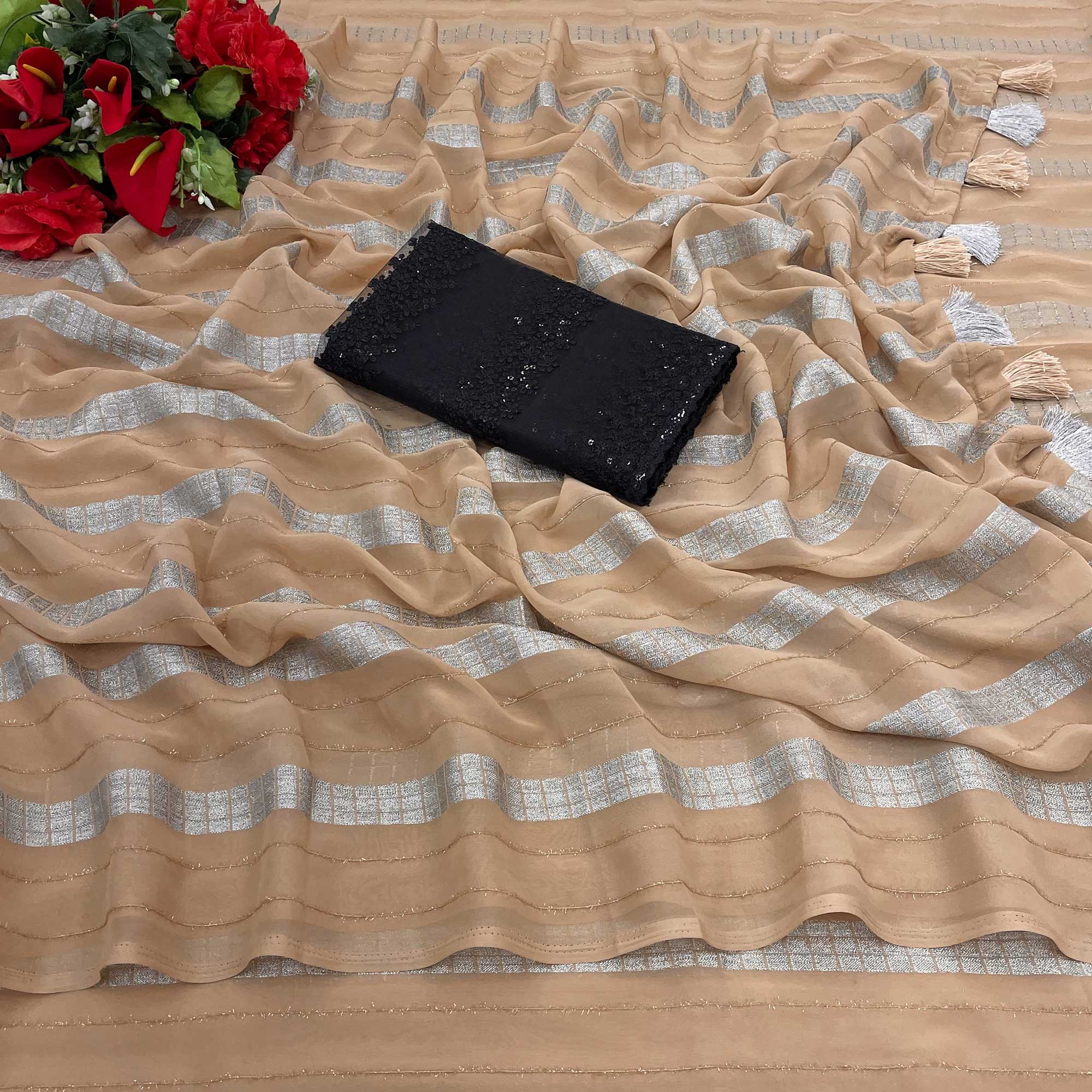 Peachmode Chikoo Zari Striped Georgette Saree With Tassels