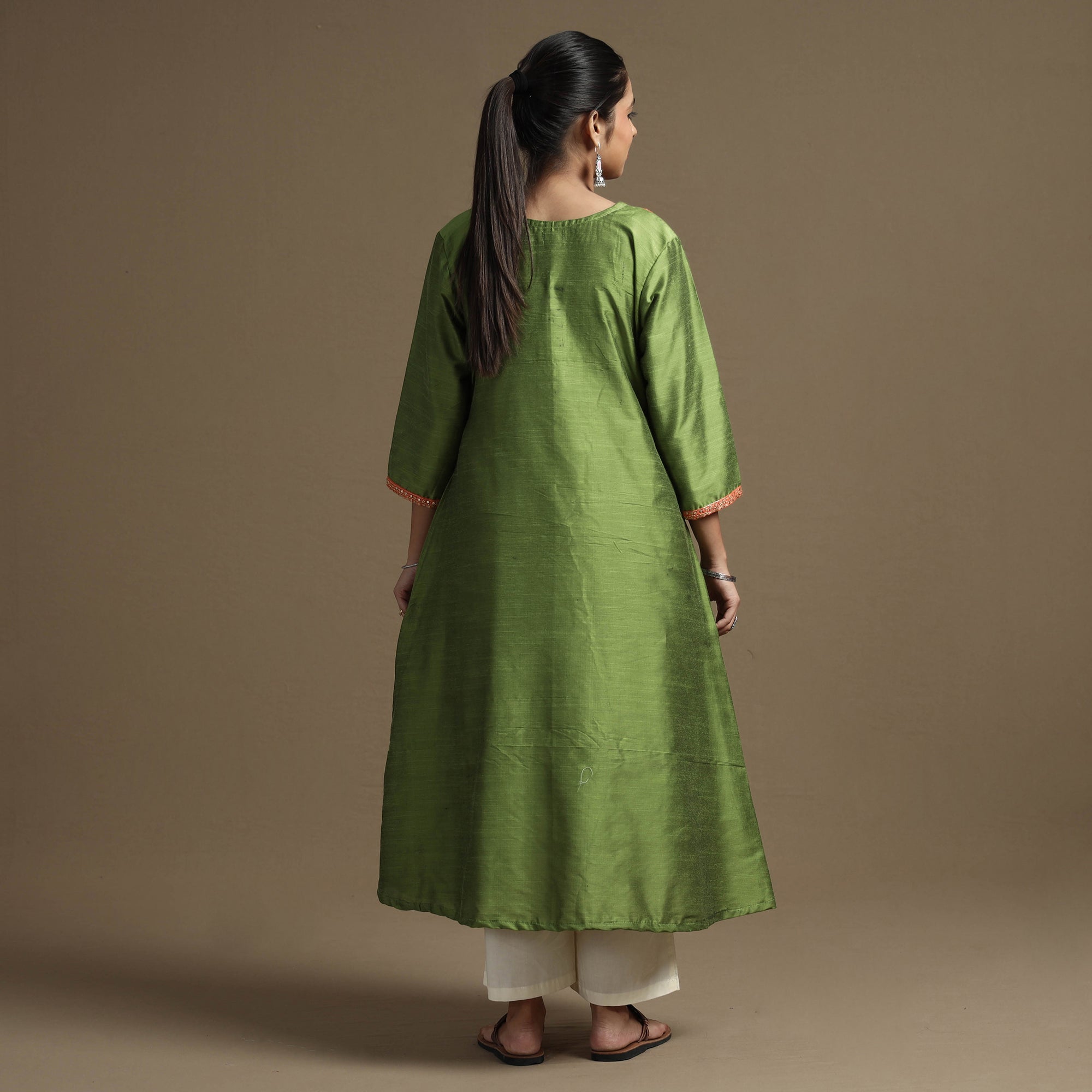 ITOKRI CASUALS Apple Green - Plain Solid Slub Silk A-Line Kurta with Beadwork Hand Embroidery Lace - view 7