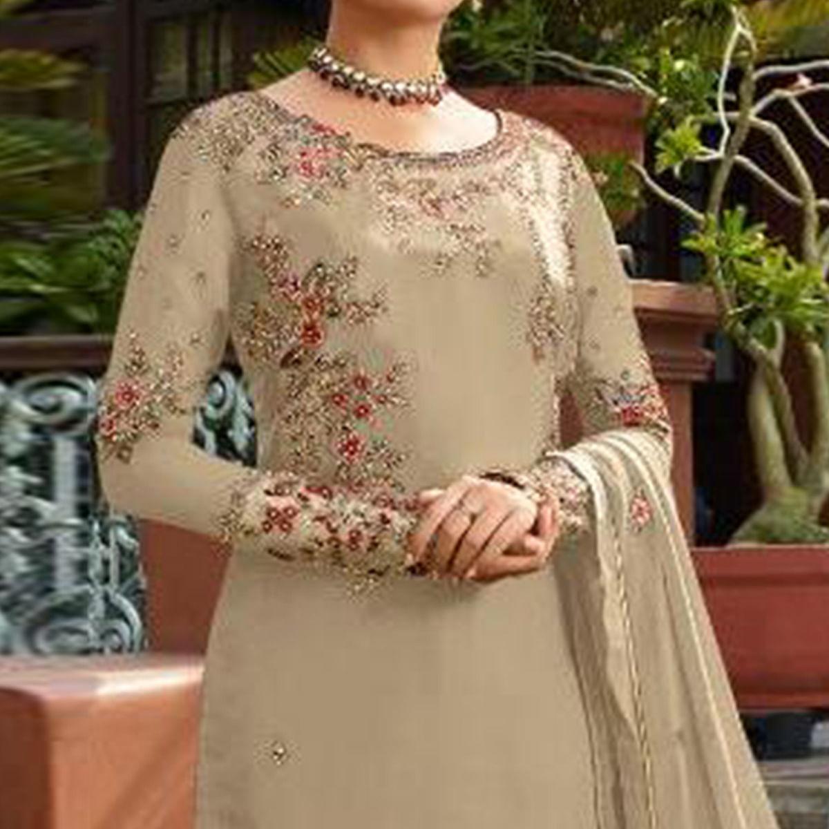 Peachmode Demanding Beige Colored Partywear Embroidered Gerorgette Straight Suit - view 3