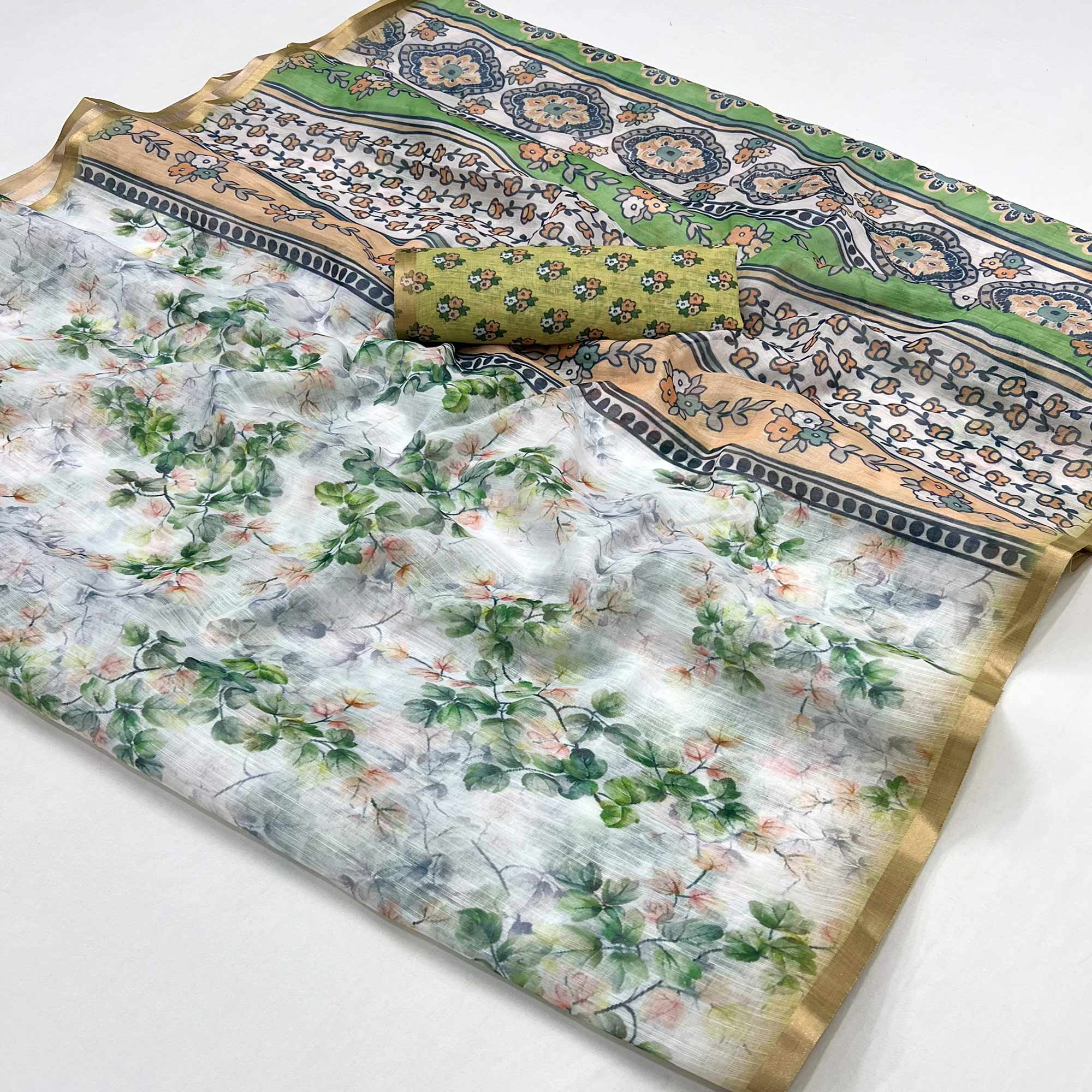 Peachmode White & Green Floral Digital Printed Linen Saree With Zari Border