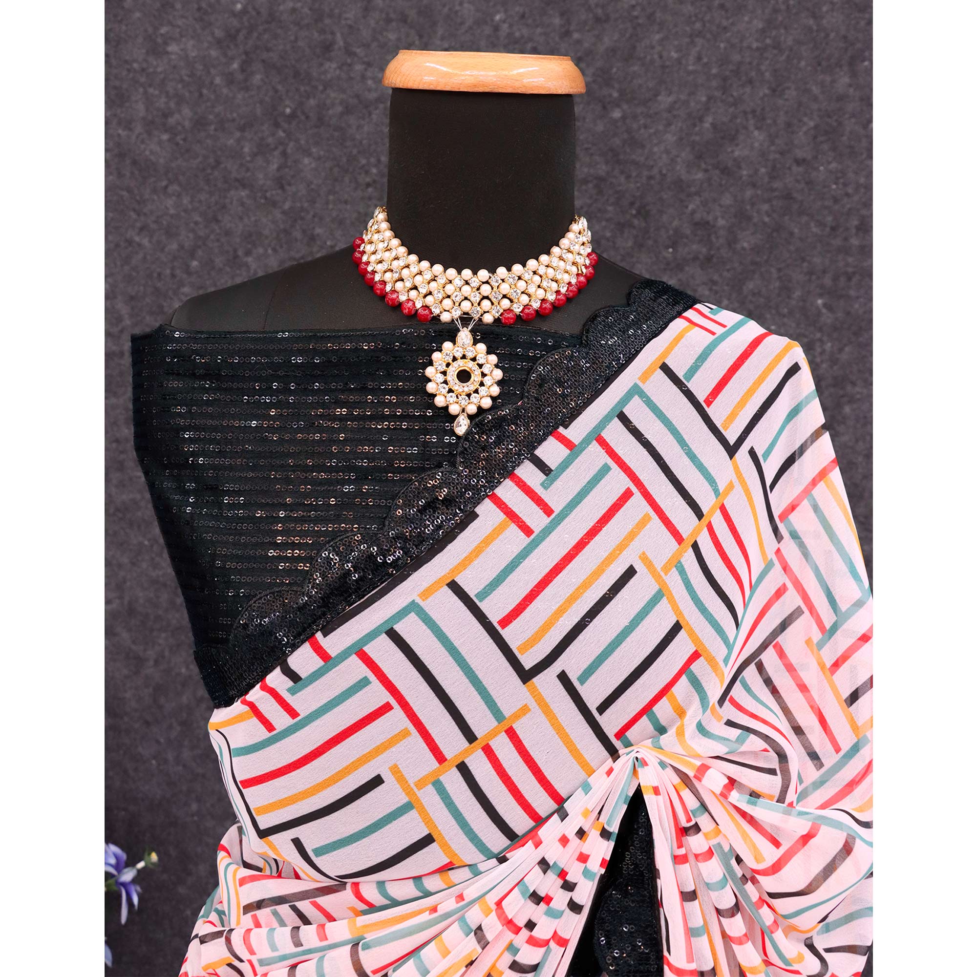 Peachmode White Printed Georgette Saree With Sequins Border - view 6