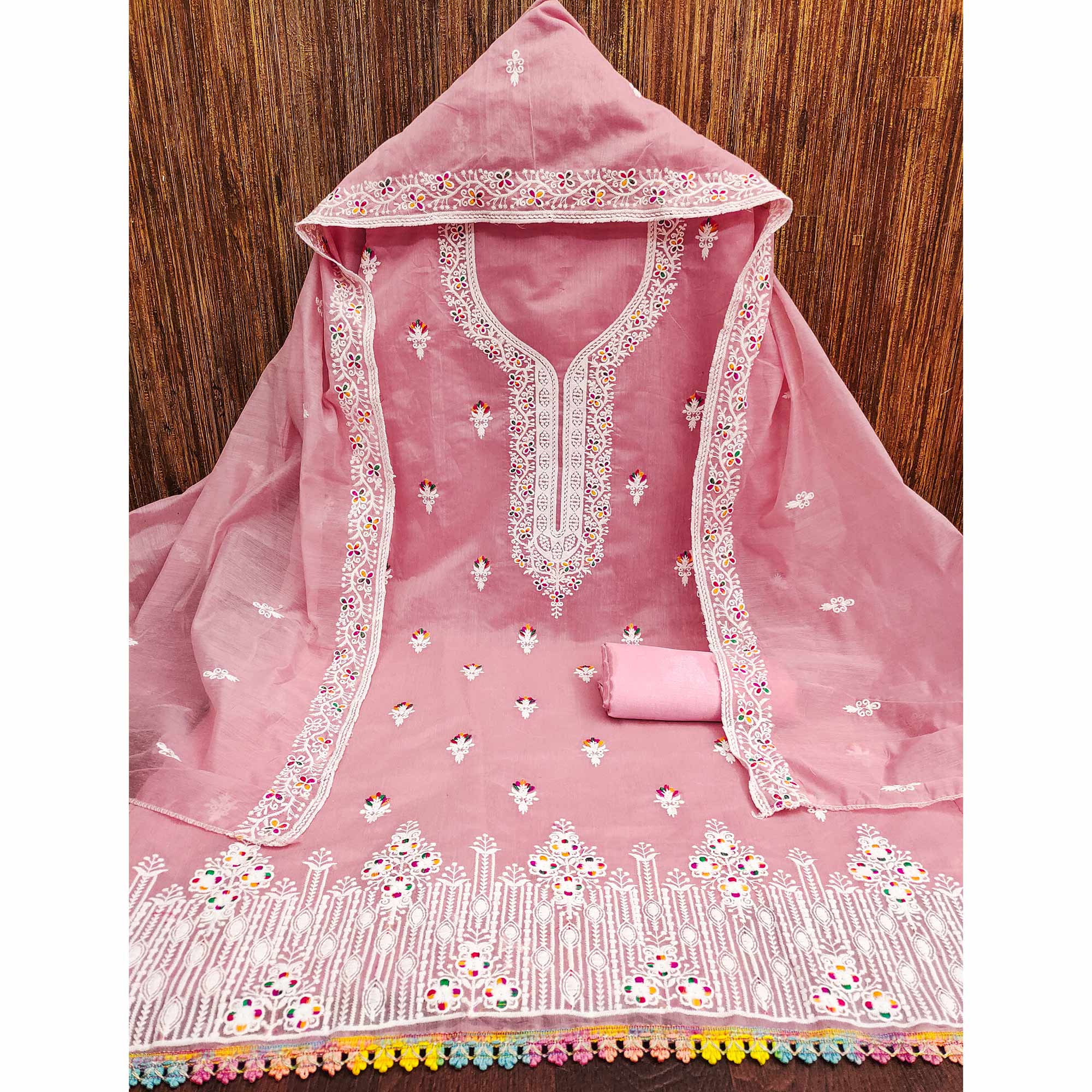 Peachmode Light Pink Floral Embroidered Chanderi Dress Material - view 4