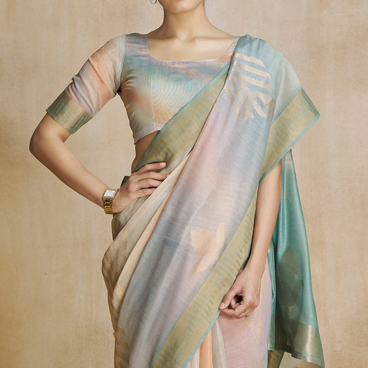 Peachmode Sea Green Digital Printed With Woven Pure Silk Ombre Saree - view 3