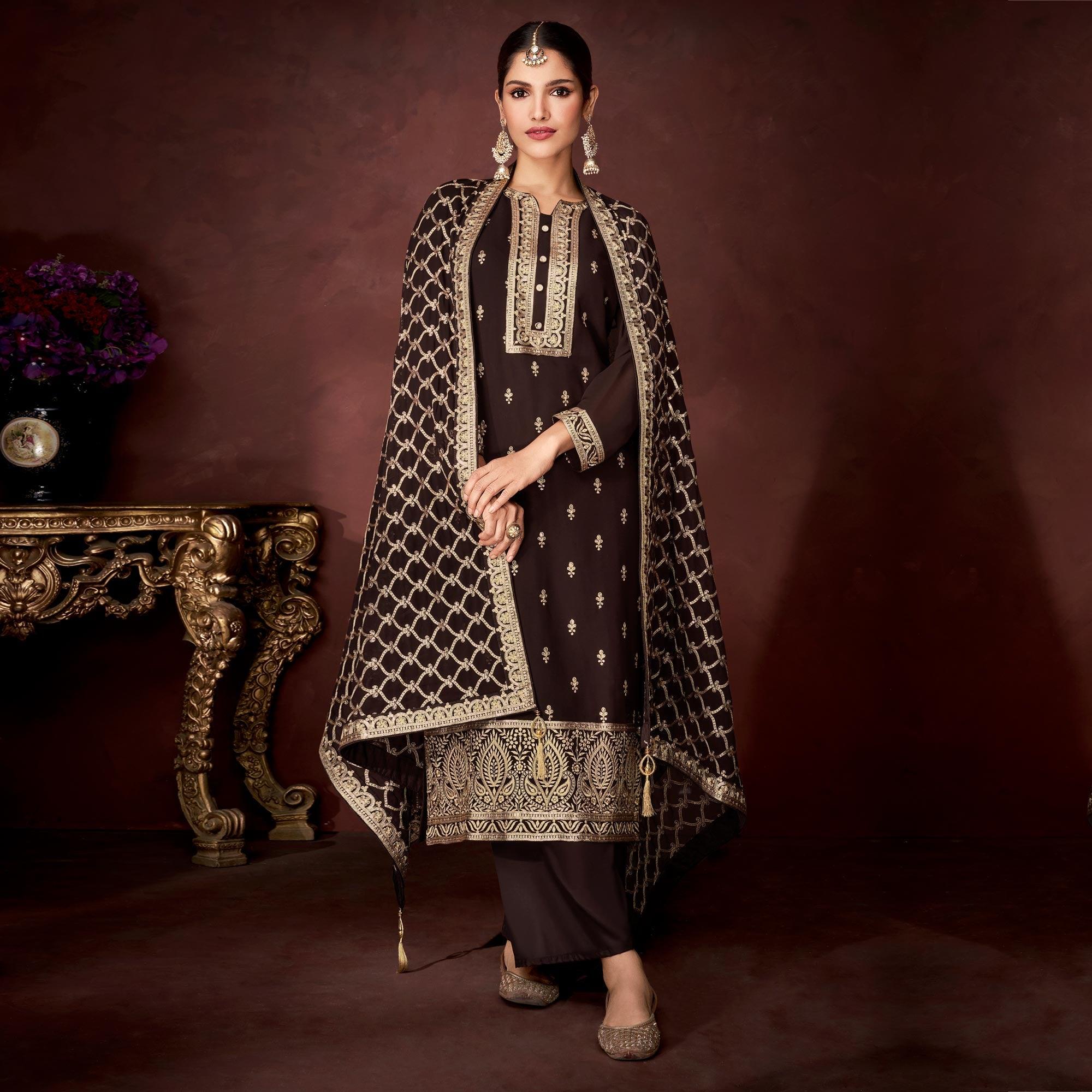 Peachmode Brown Partywear Sequins Embroidered Heavy Faux Georgette Palazzo Suit