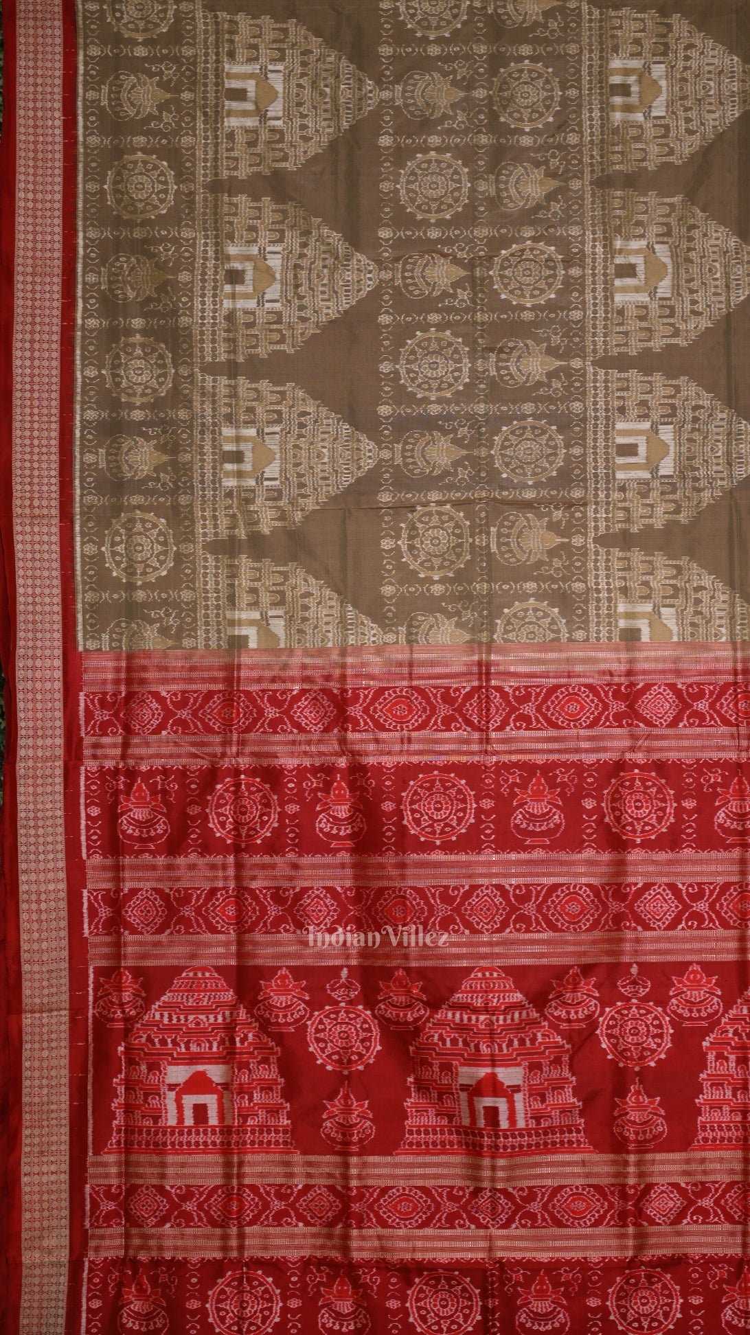 IndianVillèz Beige Cream Red Konark Theme Odisha Ikat Sambalpuri Silk Saree - view 3