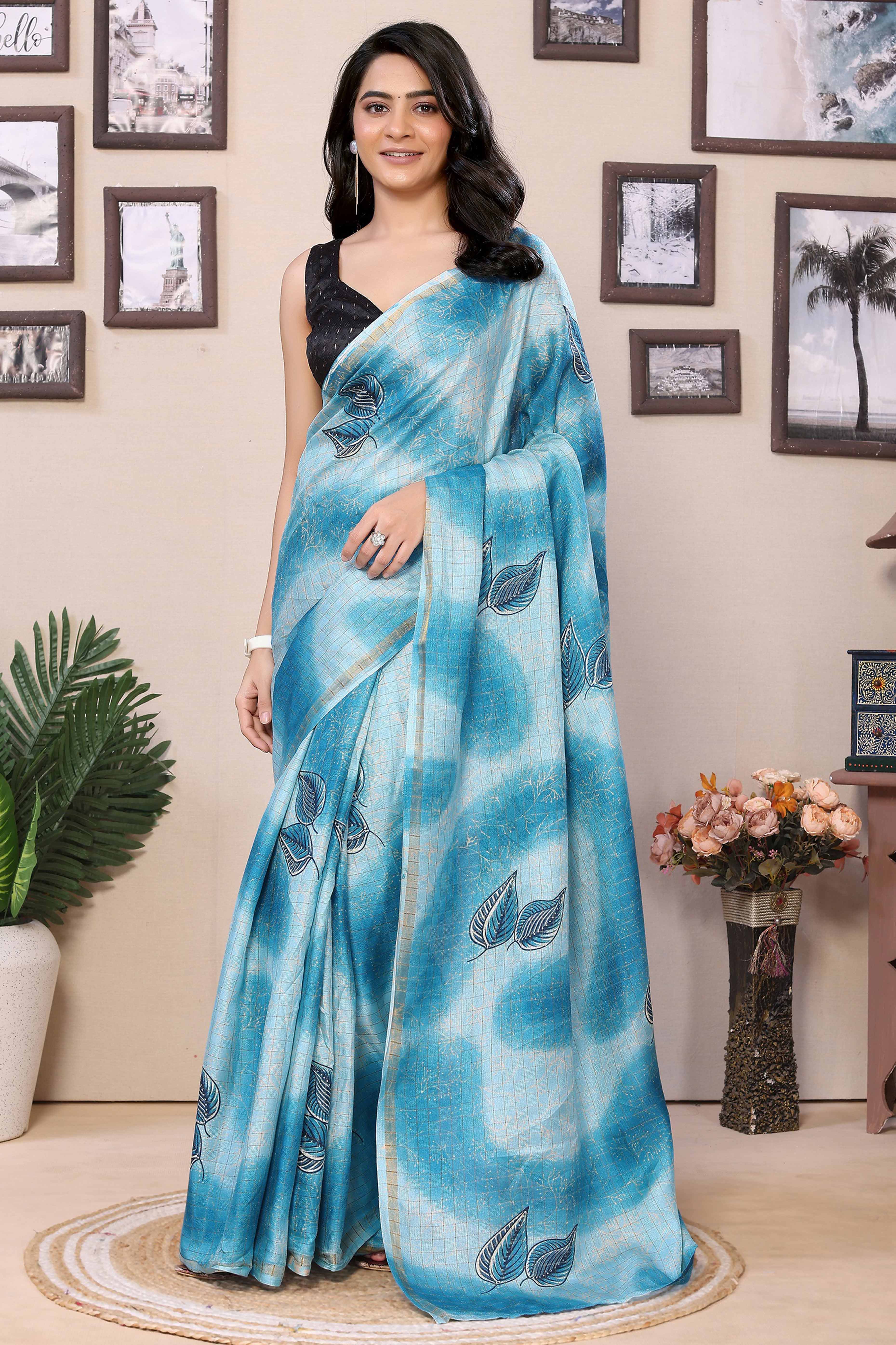 Peachmode Seller Blue Woven With Printed Silk Ready To Wear Saree