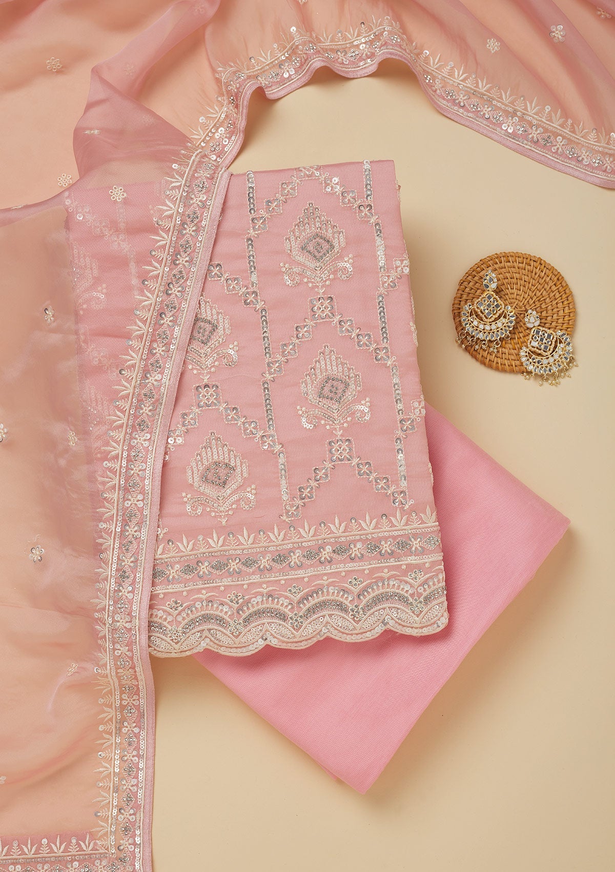 Koskii Peach Zariwork Tissue Unstitched Salwar Suit