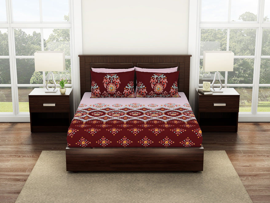 100 cotton queen – Spaces India Geometric Red Dahlia 100% Cotton Queen Fitted Sheet - Geostance By Spaces