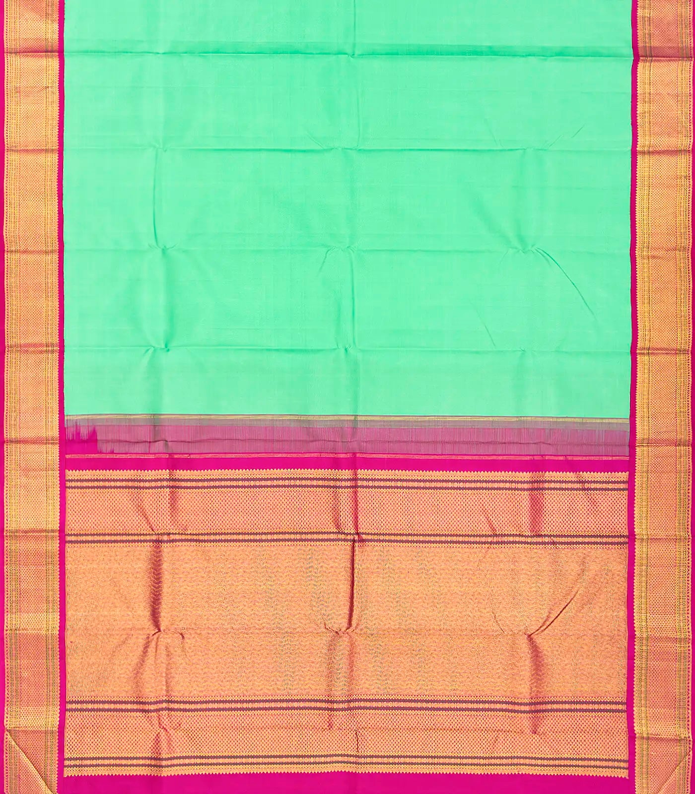 RmKV Aquamarine Handloom Kanchipuram Korvai Silk Saree With Pink Border-Aquamarine - view 2