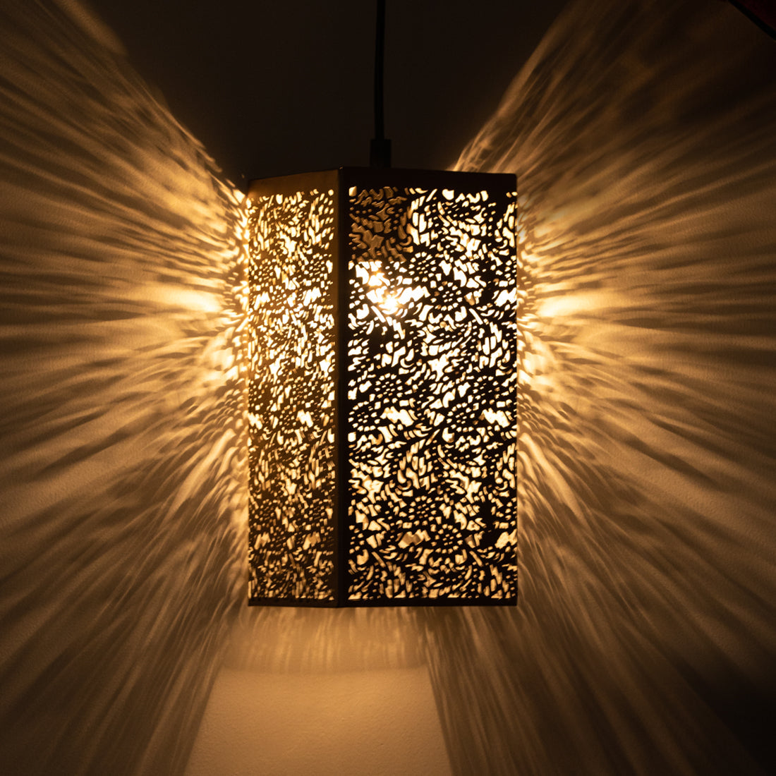 EXCLUSIVELANE 'Monochrome Lights' Hand-Etched Cuboidal Hanging Pendant Lamp In Iron (11 Inch)