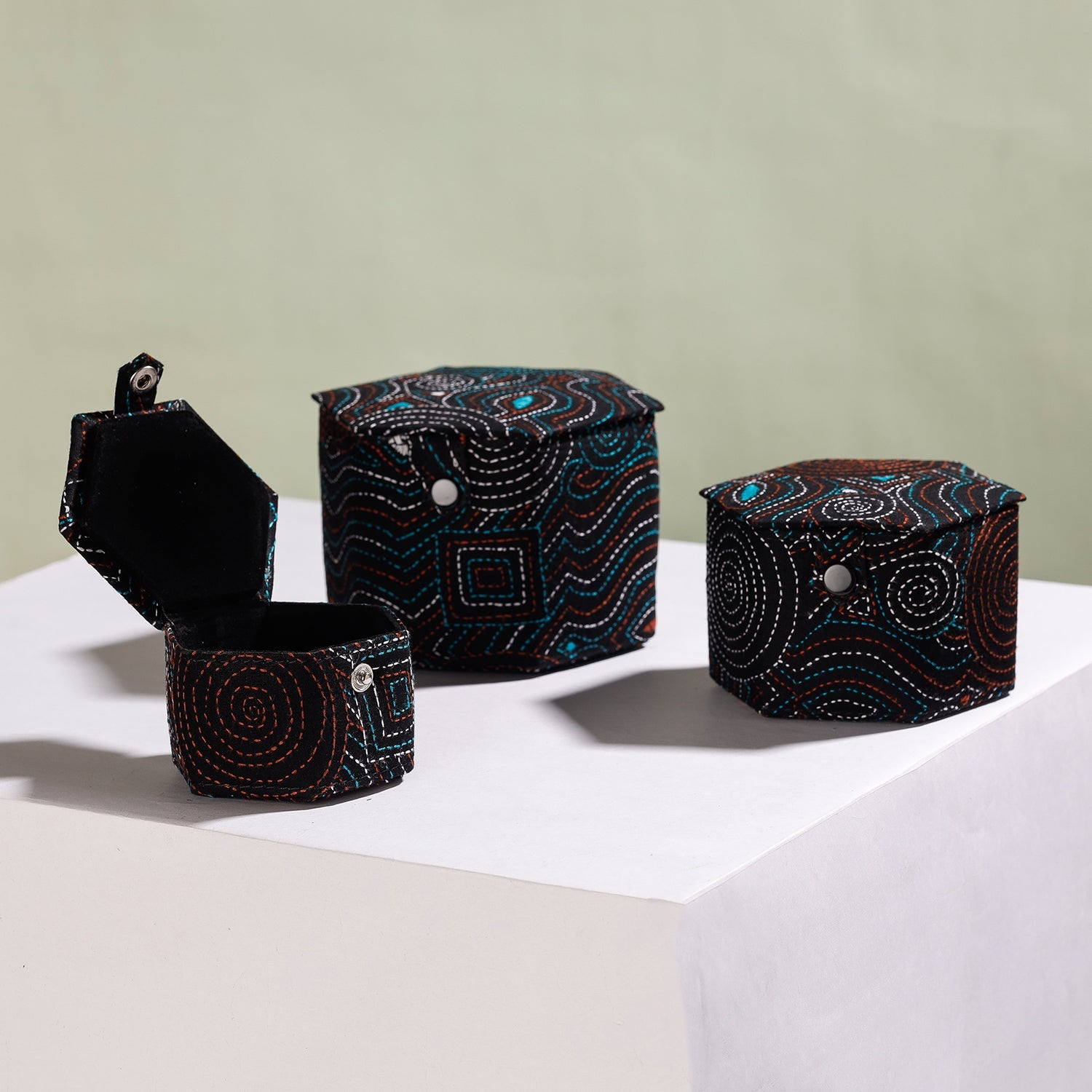ASALKAAR Black - Bengal Kantha Work Handcrafted Hexagon Jewelry Box (Set of 3) - view 2