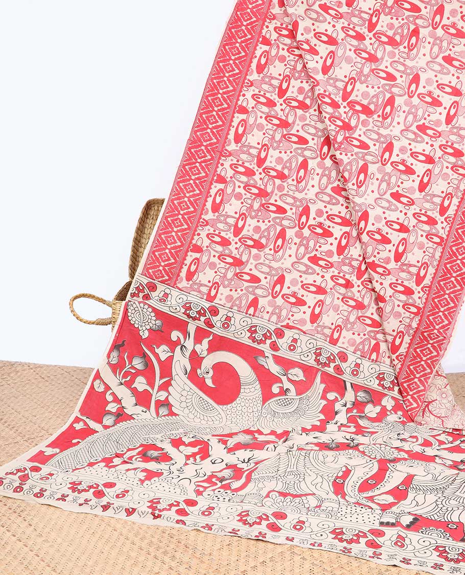 Pothys Pink geometric machine-printed kalamkari cotton saree, diamond border & God Krishna Radha motifs pallu