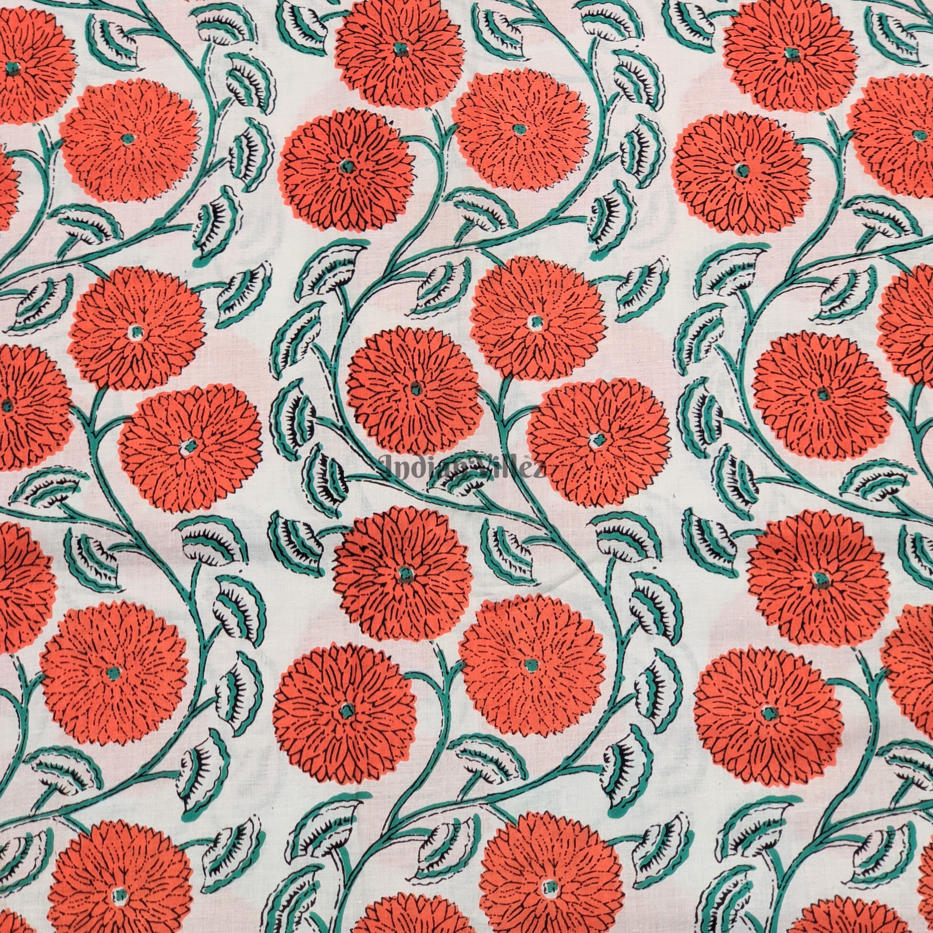 IndianVillèz White Red Floral Hand Block Printed Cotton Fabric - view 2