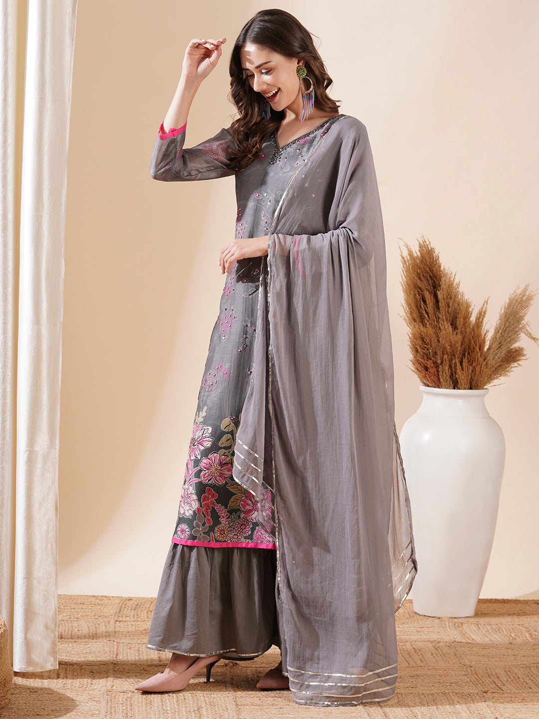 Fashor Ethnic Printed Cutdana & Sequins Embroidered Kurta with Sharara & Dupatta - Grey - view 4