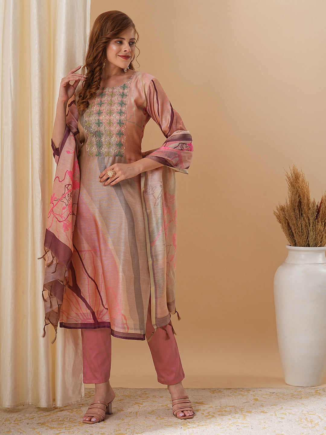 Fashor Abstract Printed & Embroidered Straight Fit Kurta with Pant and Dupatta - Pink