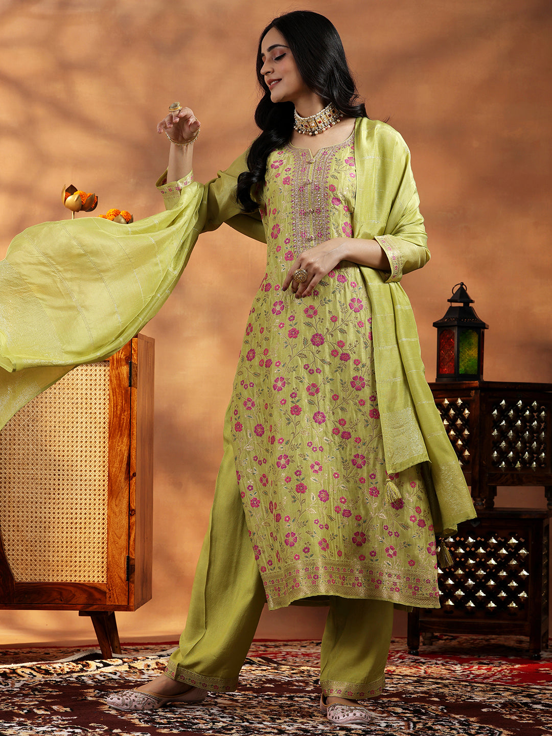 Libas Green Woven Design Silk Blend Straight Suit With Dupatta