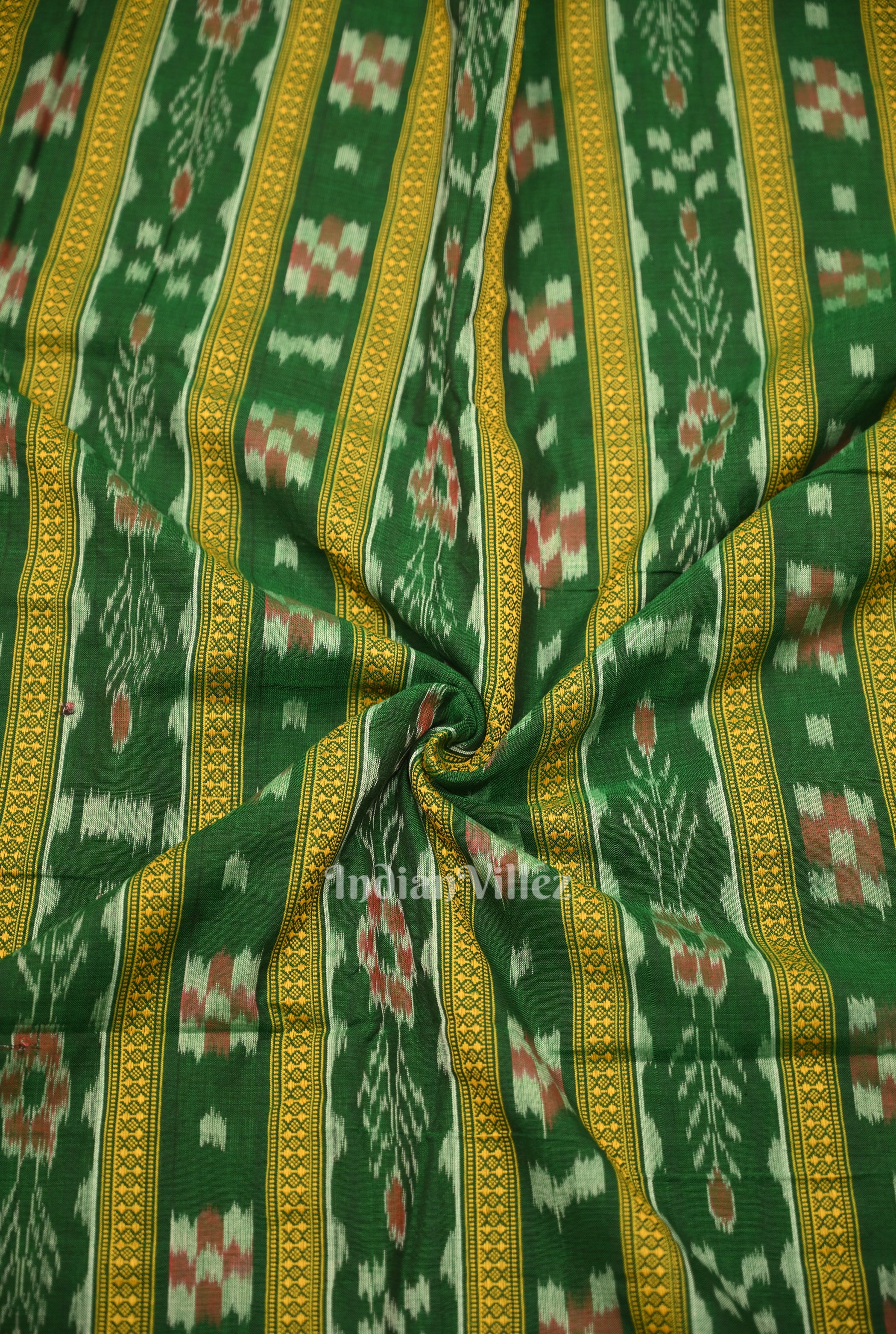 IndianVillèz Forest Green Bandha Sambalpuri Ikat Cotton Fabric