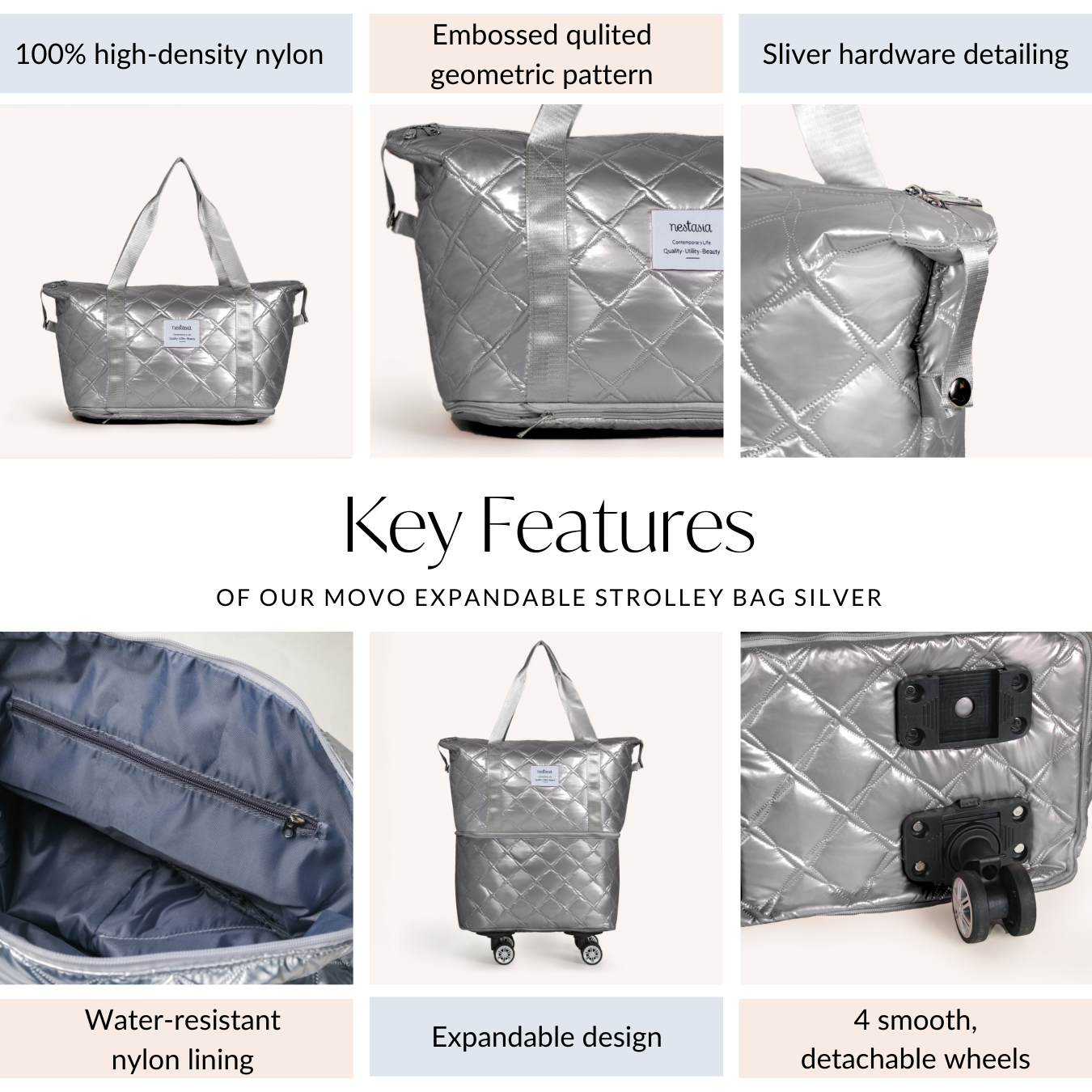 Nestasia Movo Expandable Travel Bag With Removable Wheels Silver - view 5