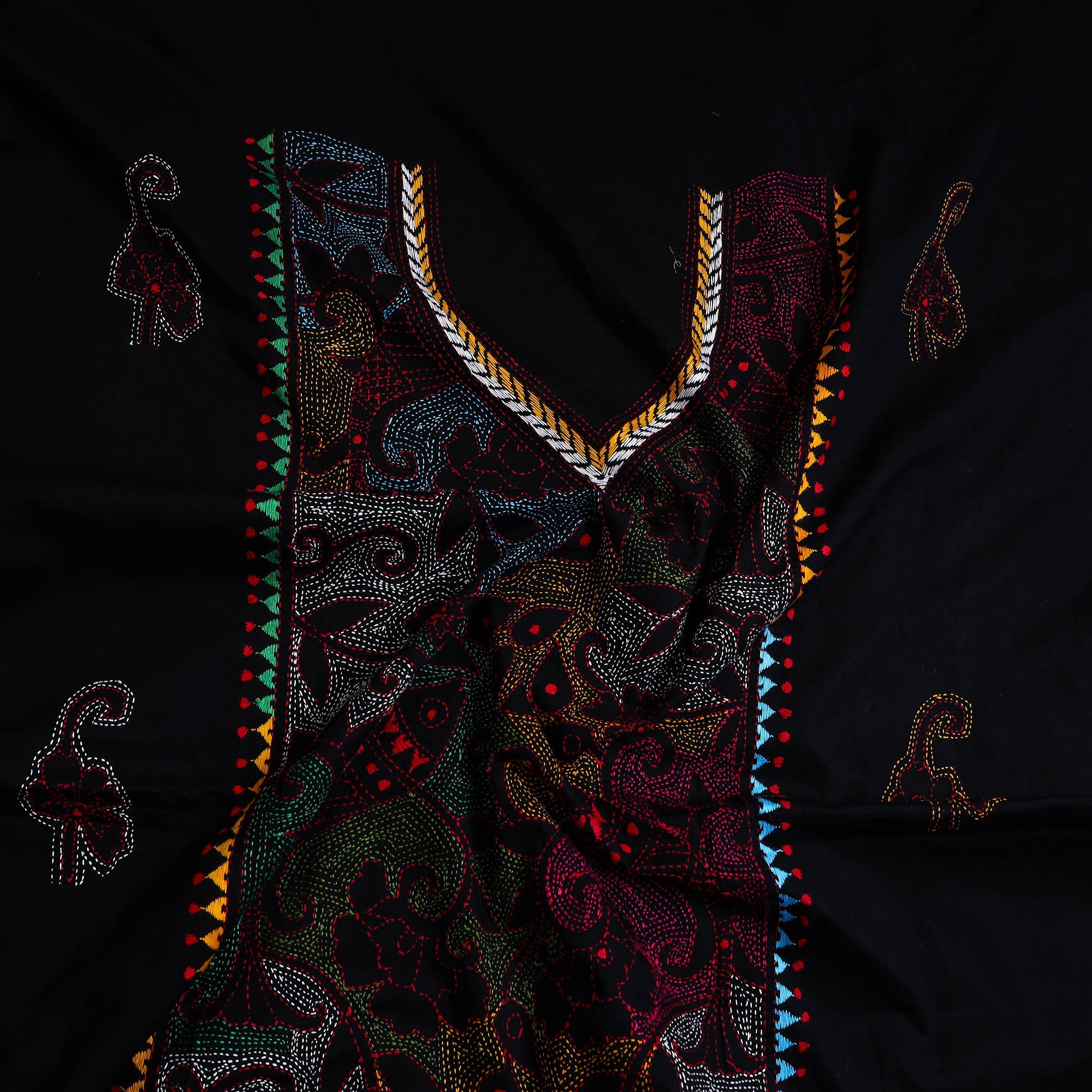 KHUSHBASH - HAPPY LOOM OF EAST Black - Bengal Kantha Embroidery Cotton Kurta Material - (2.7m) 09 - view 2