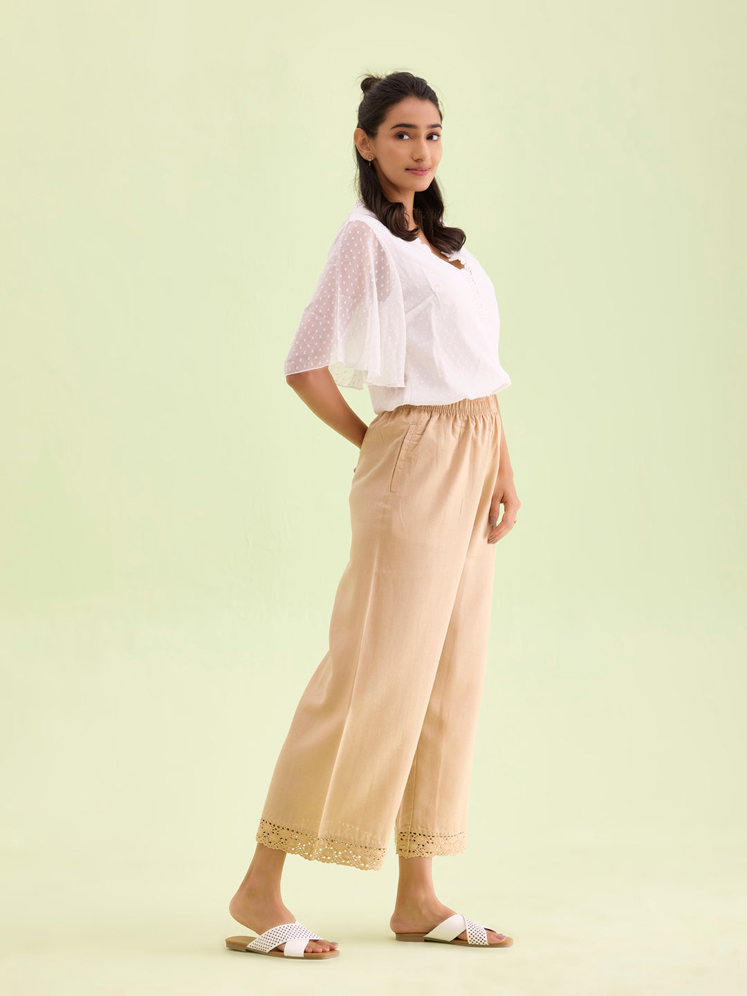 Go Colors Women Solid Wheat Mid Rise Linen Wide Pant