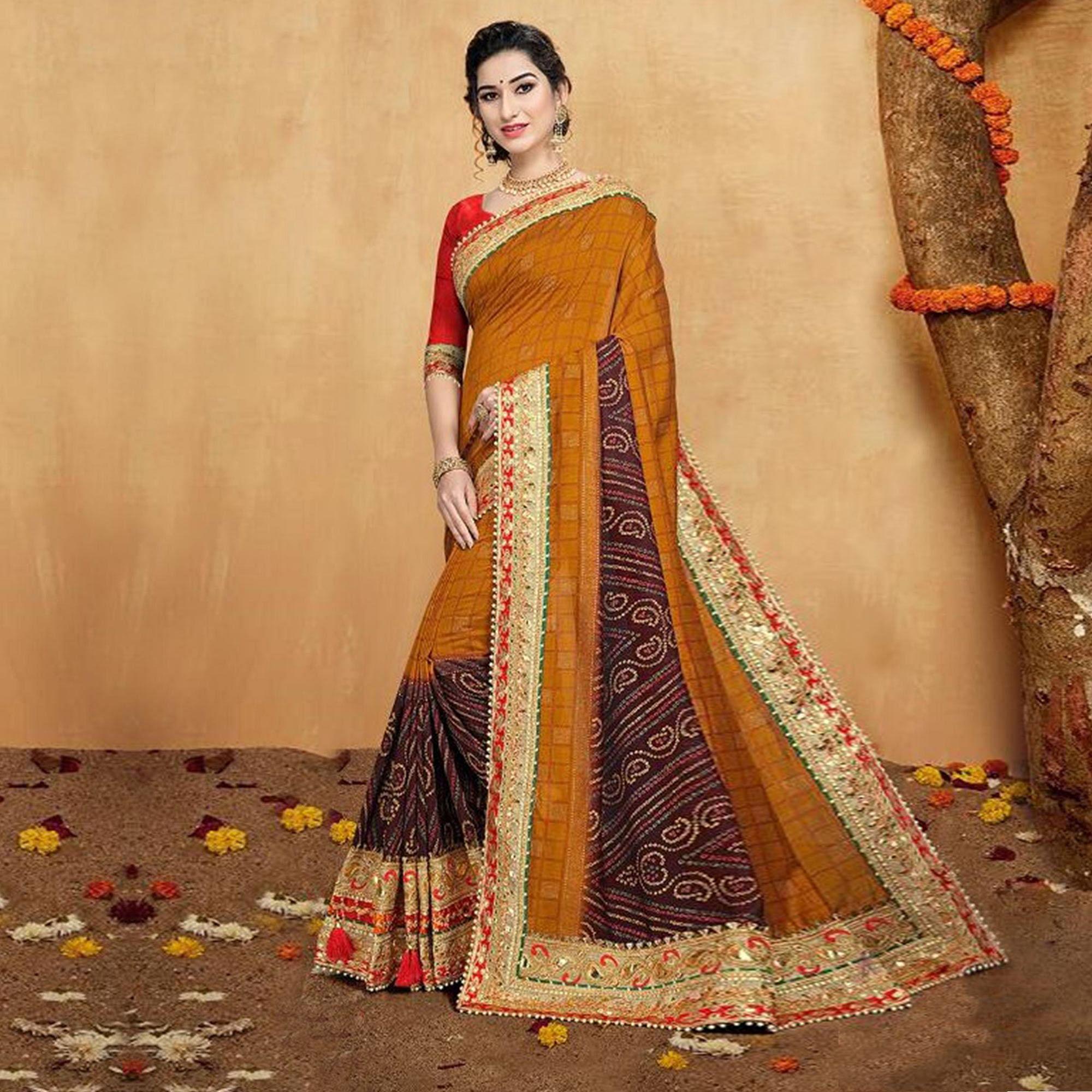 Peachmode Impressive Orange Colored Festive Wear Zari Work Vichitra Silk Saree