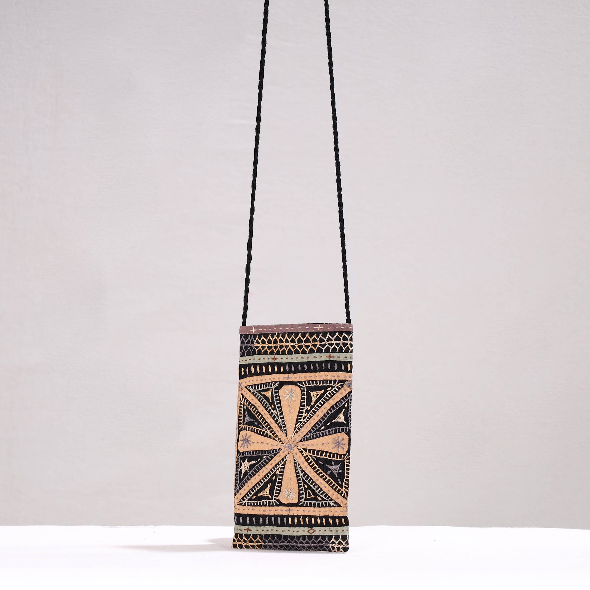 QASAB Black - Kutch Dhebariya Qatab Hand Embroidery Cotton Sling Dori Mobile Pouch - view 3