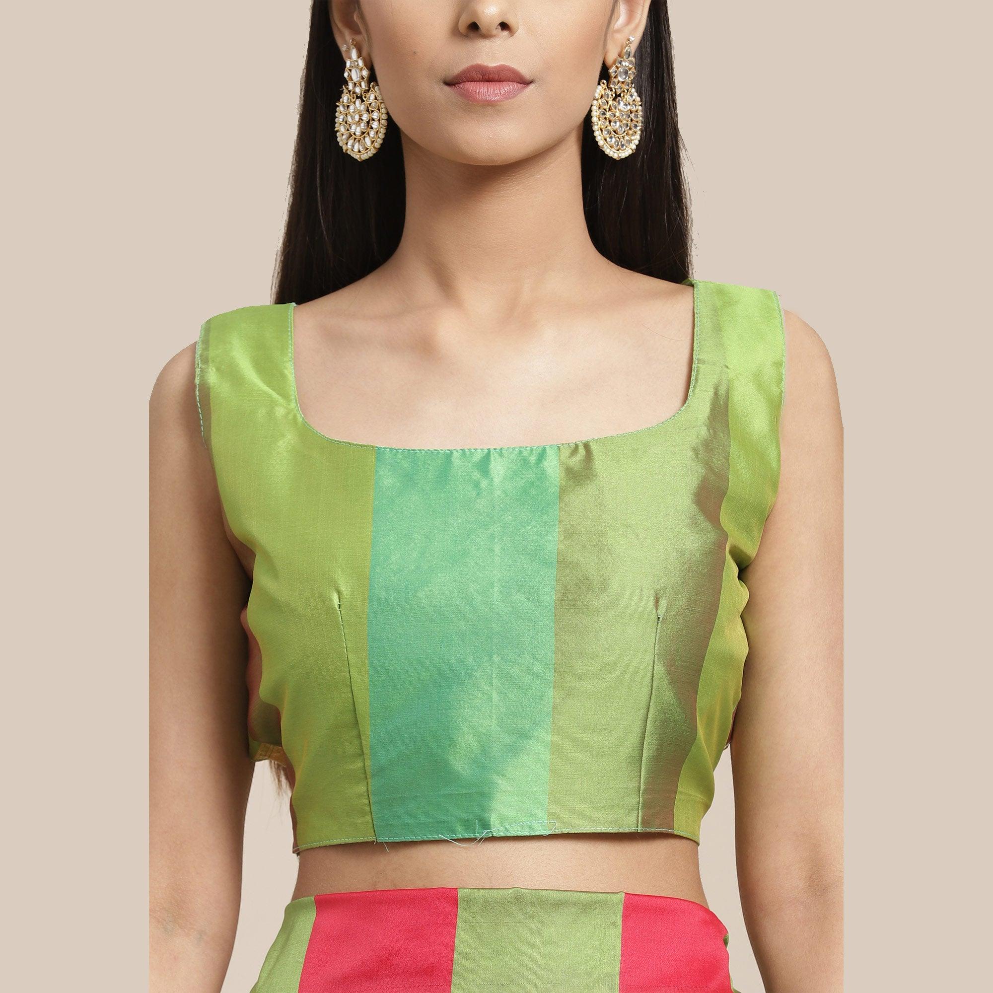Peachmode Fantastic Green-Pink Colored Festive Wear Woven Silk Blend Saree - view 4
