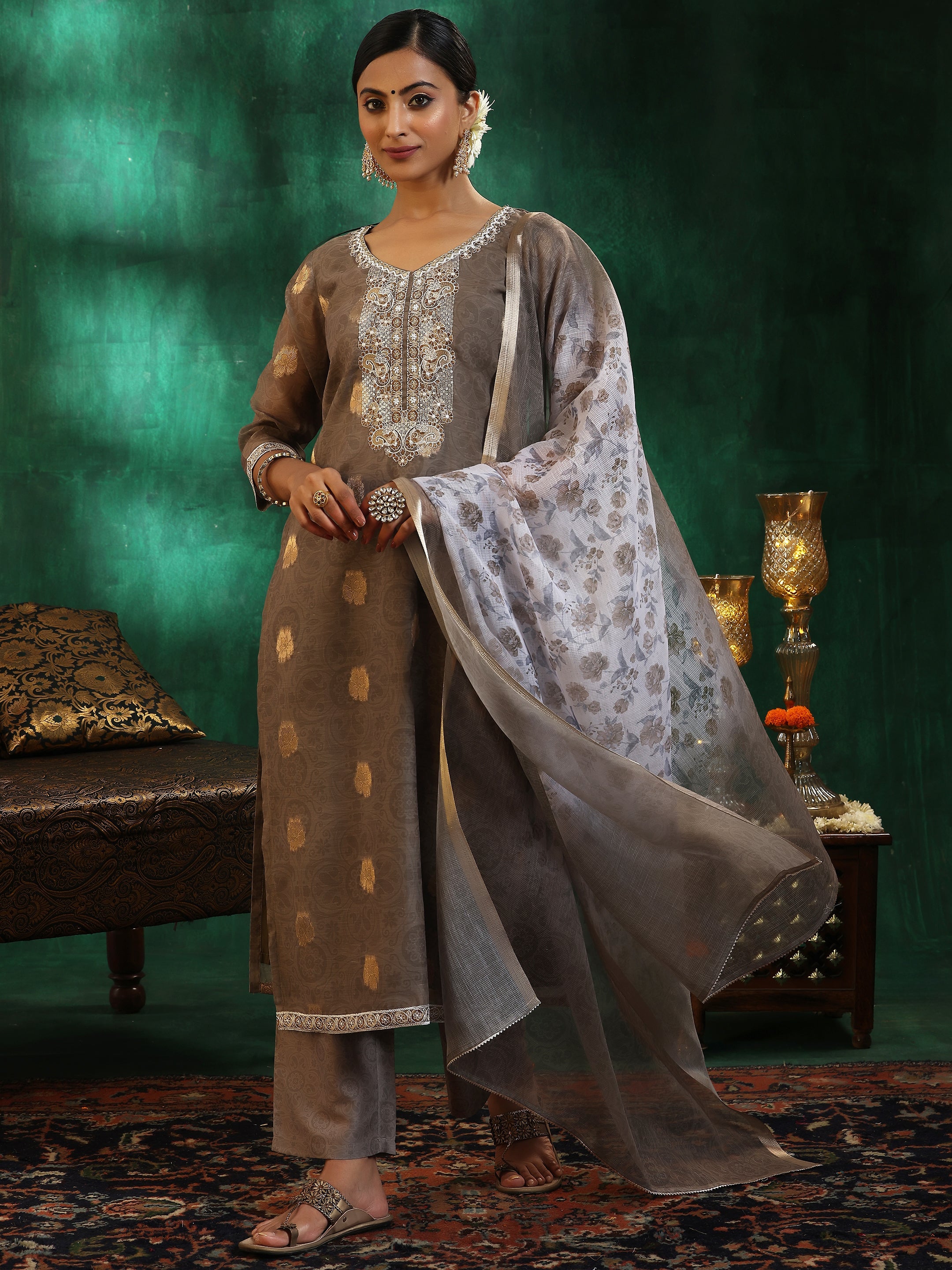 Libas Green Woven Design Silk Blend Straight Suit With Dupatta