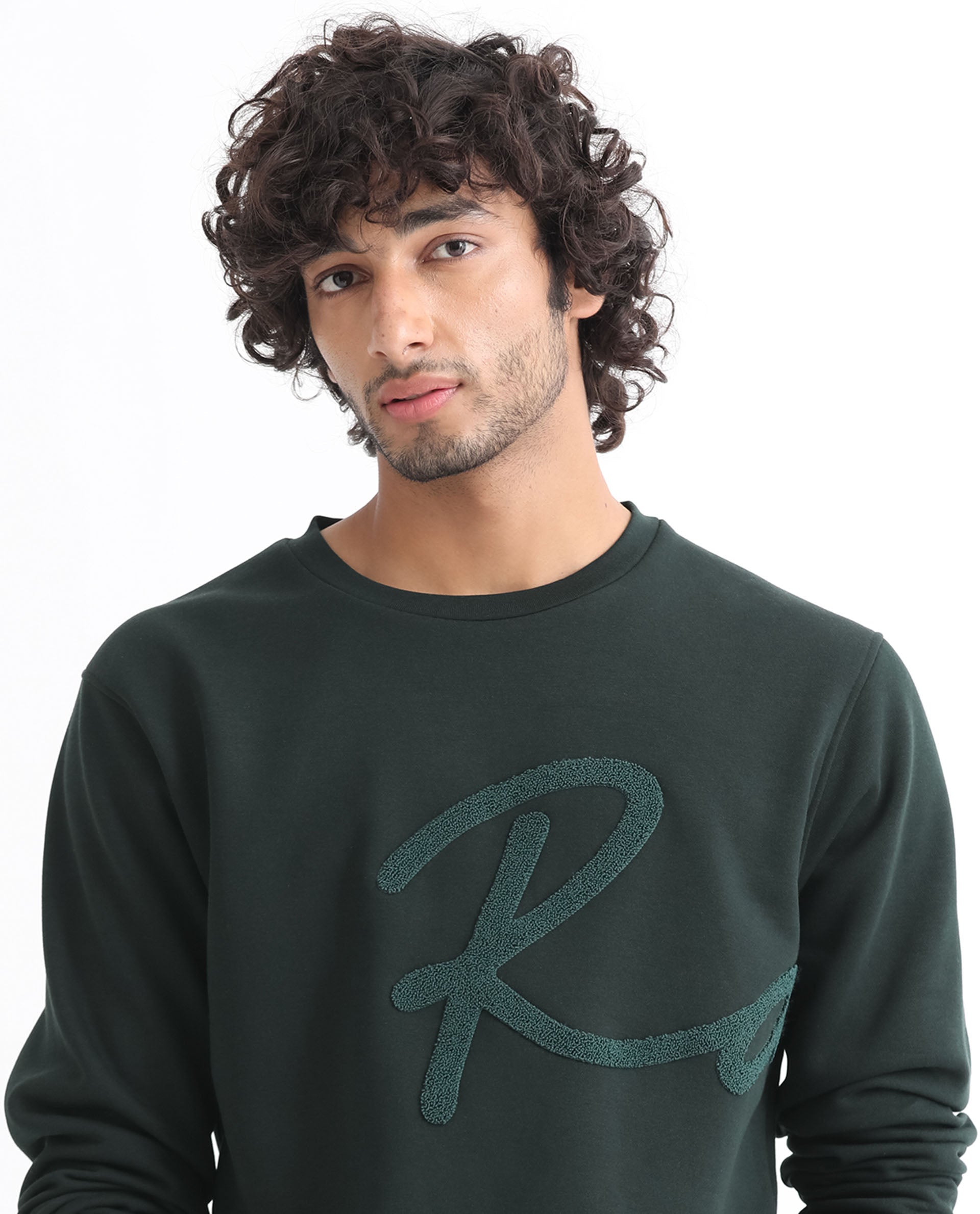 Rare Rabbit Men's East Dark Green Cotton Polyester Fabric Full Sleeves Towel Embroidery Branding Sweatshirt - view 2