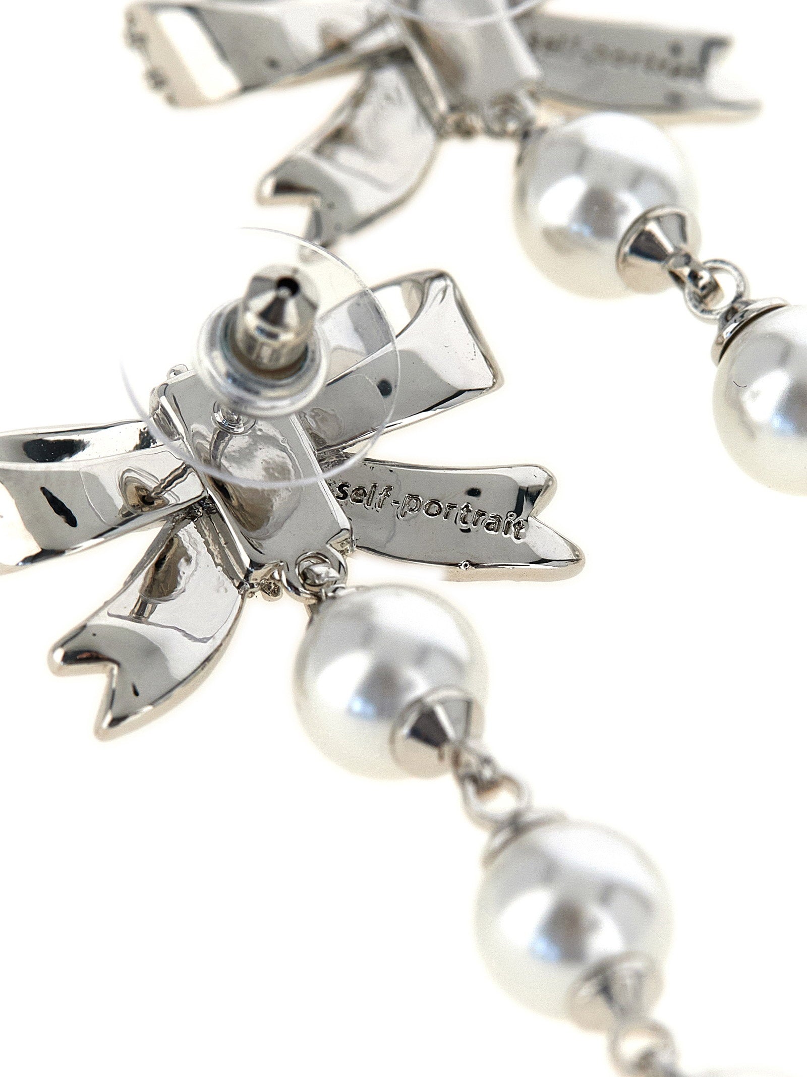 Self-Portrait Crystal Bow Pearl Droplet Earrings - view 2