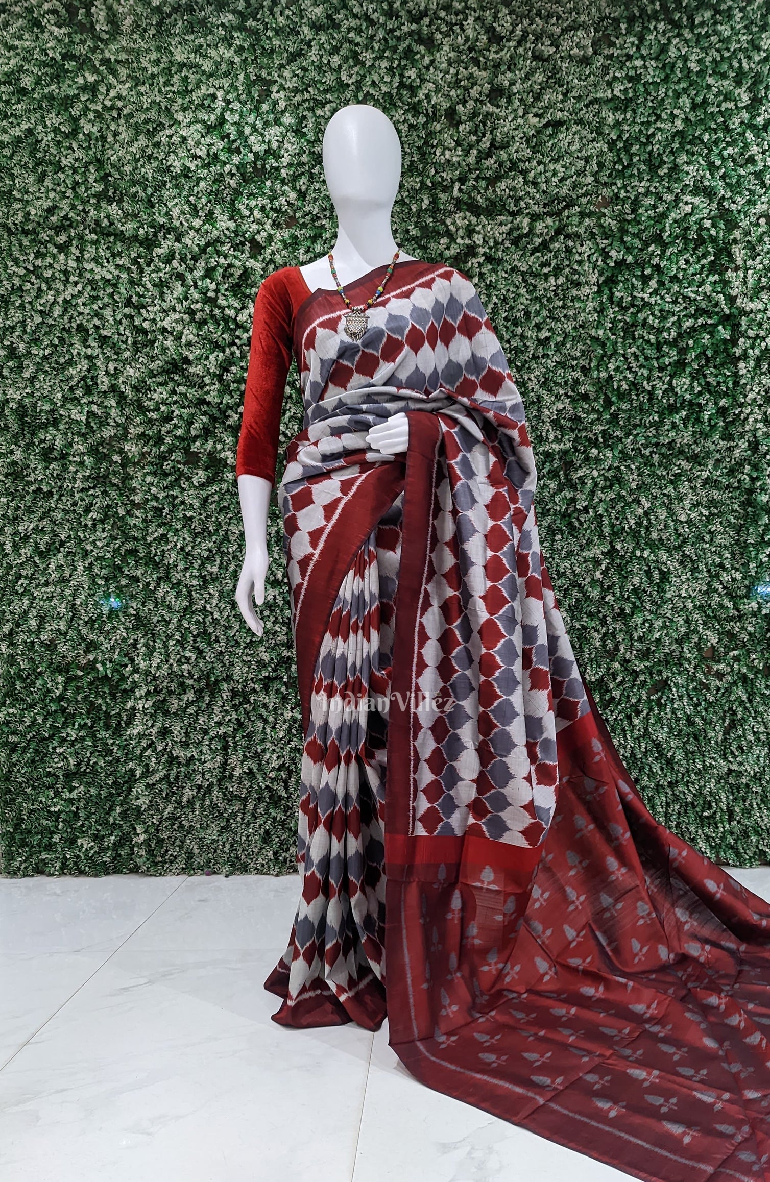 IndianVillèz Maroon Grey Odisha Ikat Contemporary Silk Saree