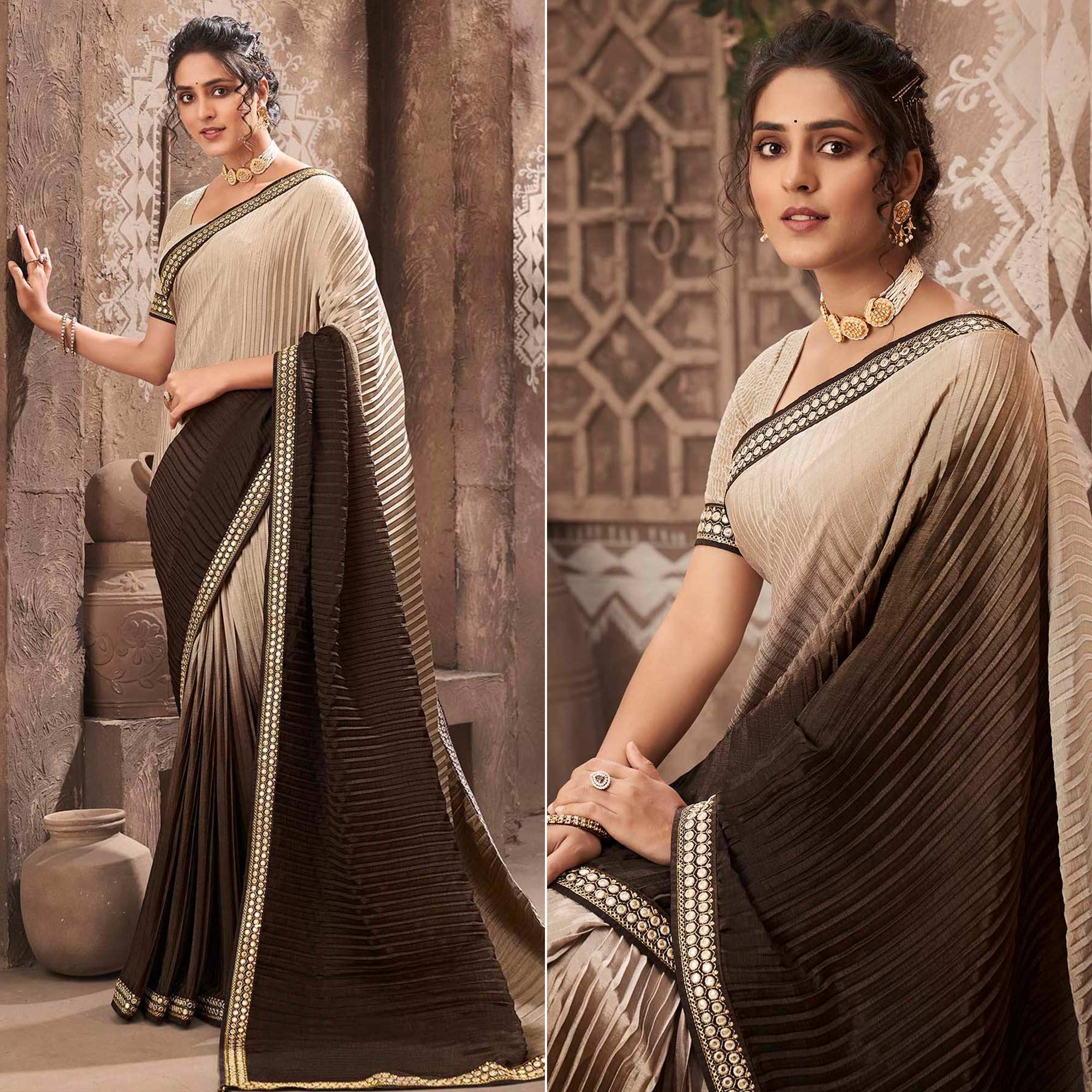 Peachmode Brown Partywear Crushed Chiffon Saree with Fancy Lace