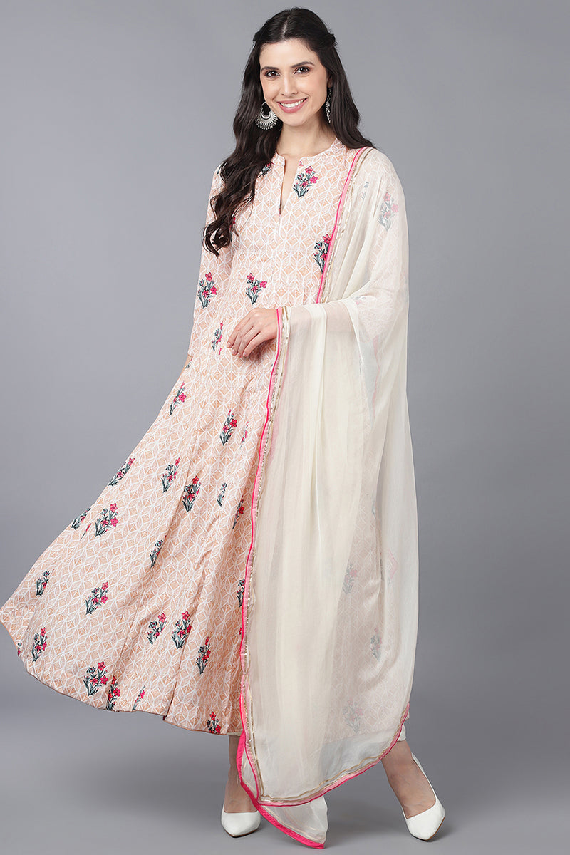 Ahika Beige Poly Crepe Anarkali Suit Set PKSKD1326