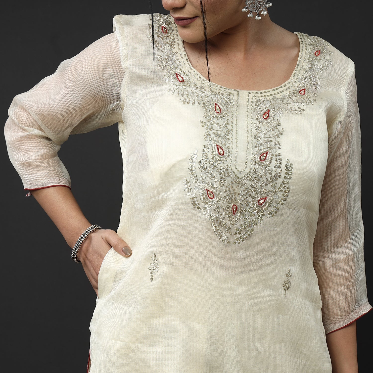 ITOKRI CASUALS Beige - Cream Kota Doria Pure Silk Kurta with Palazzo & Dupatta Set - view 6