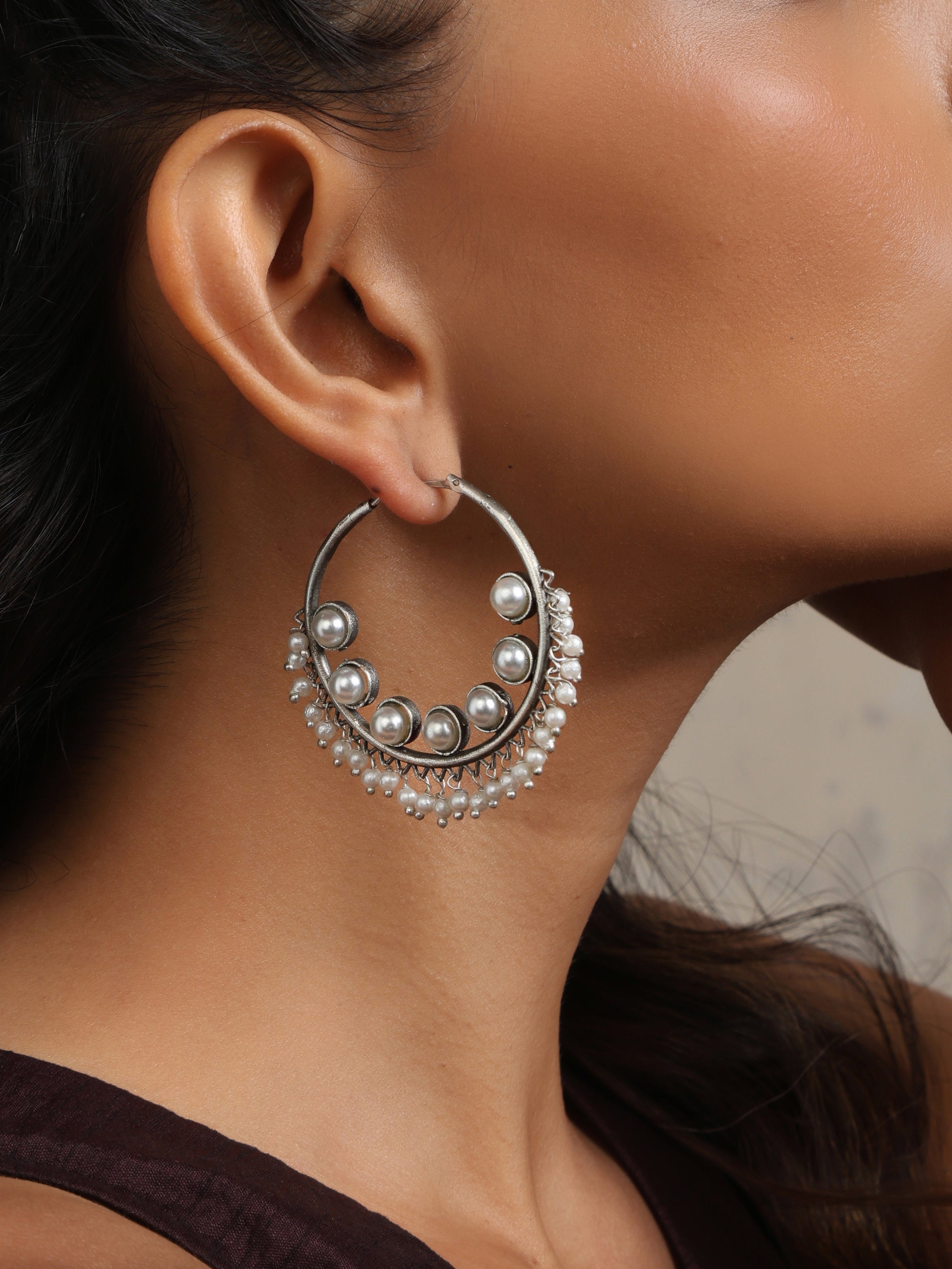 trueBrowns Silver Tone Pearl Hoop Earrings - view 4