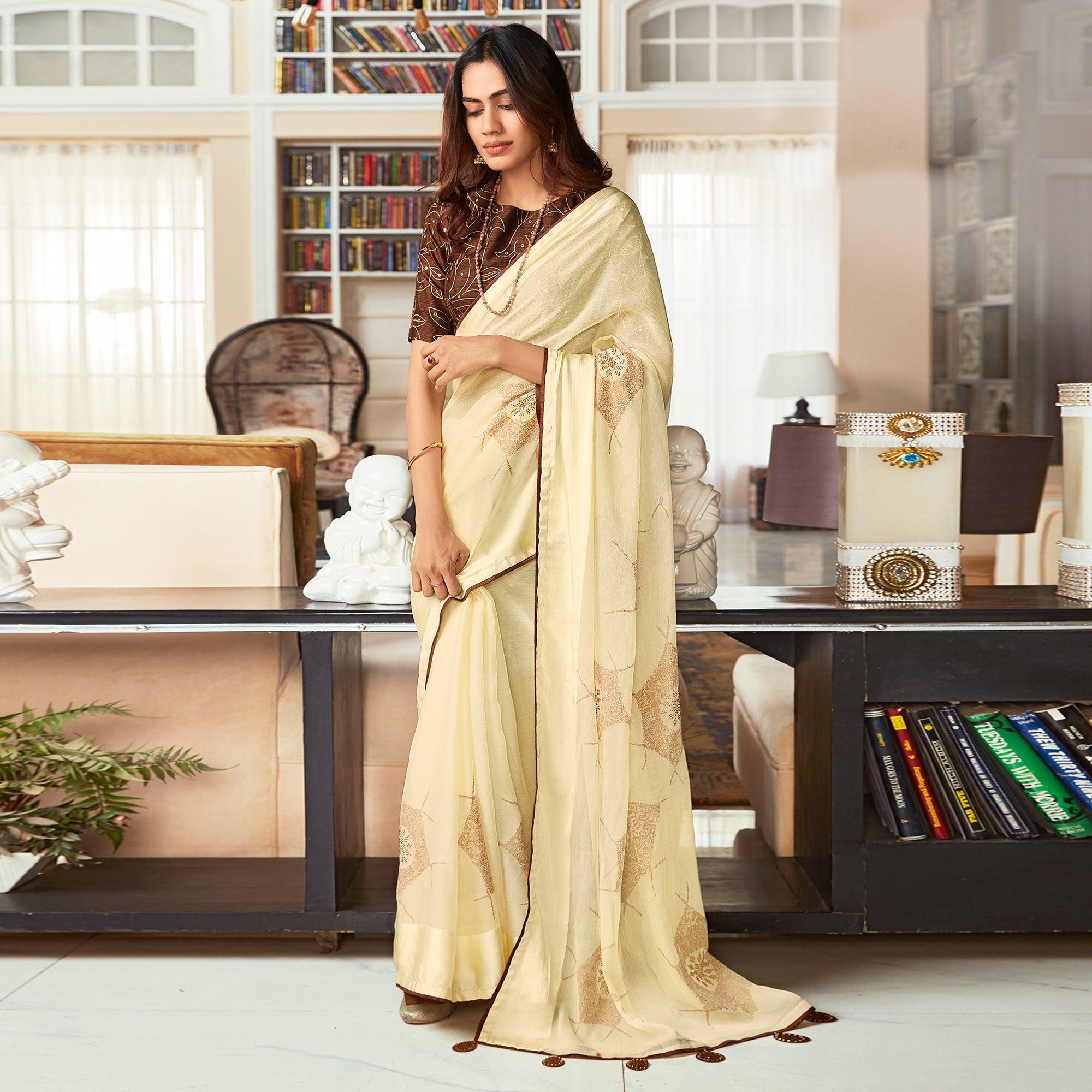 Peachmode Cream Printed Art Silk Saree With Tassels