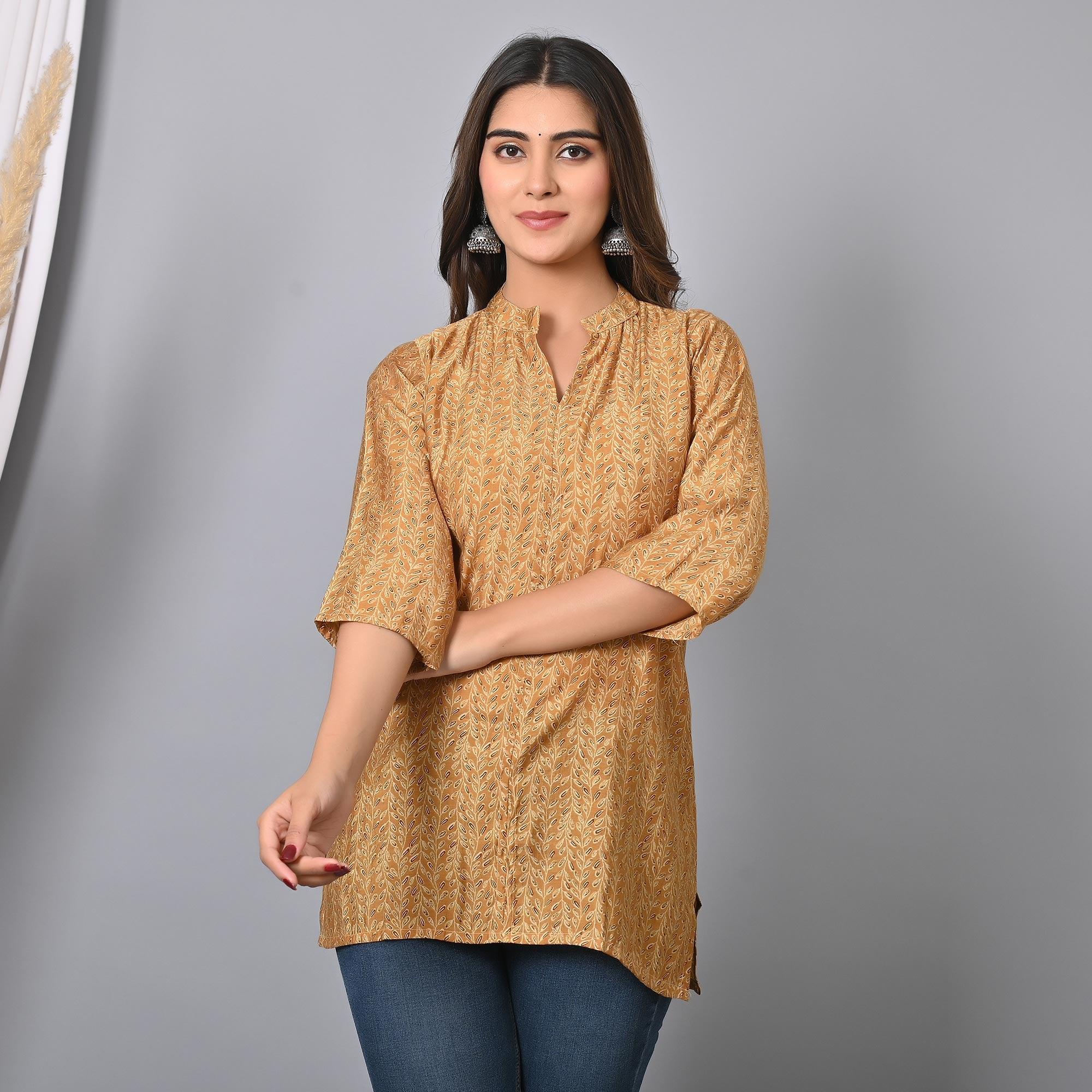 Peachmode Chikoo Colored Floral Printed Chanderi Top - view 2