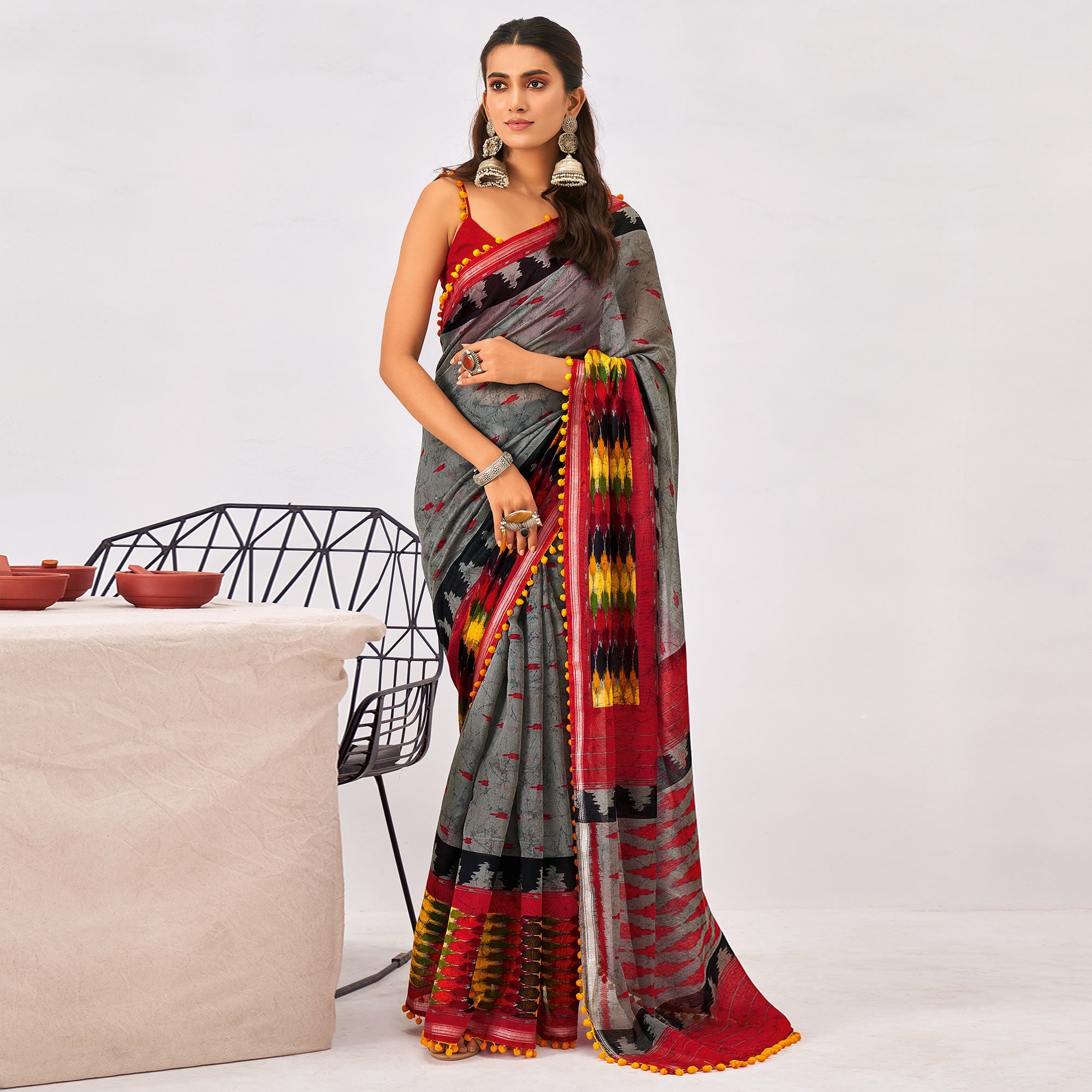 Peachmode Grey Printed Pure Cotton Saree – Women's