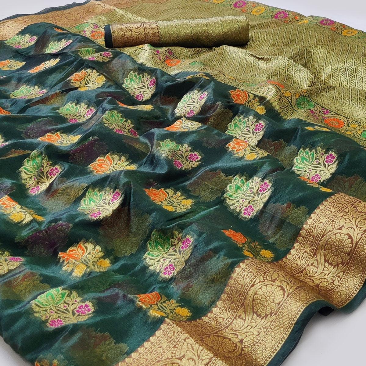 Peachmode Bottle Green Woven Organza Saree – Women's - view 2