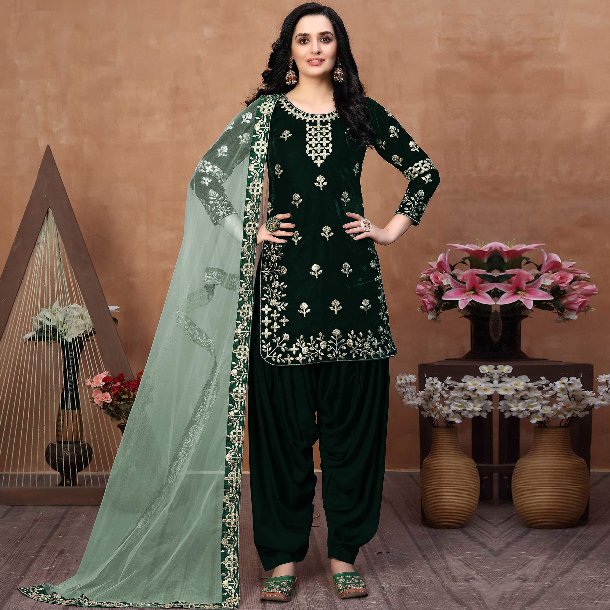 Peachmode Elegant Green Coloured Partywear Mirror Embroidered Velvet Patiala Suit