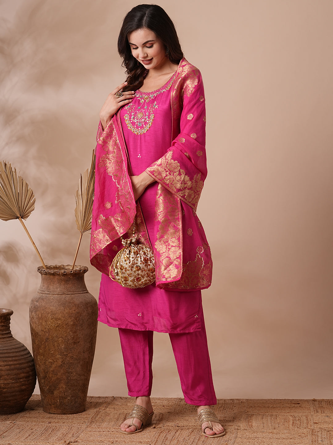 Fashor Floral Hand Embroidered Straight Kurta with Pant & Dupatta - Pink - view 2