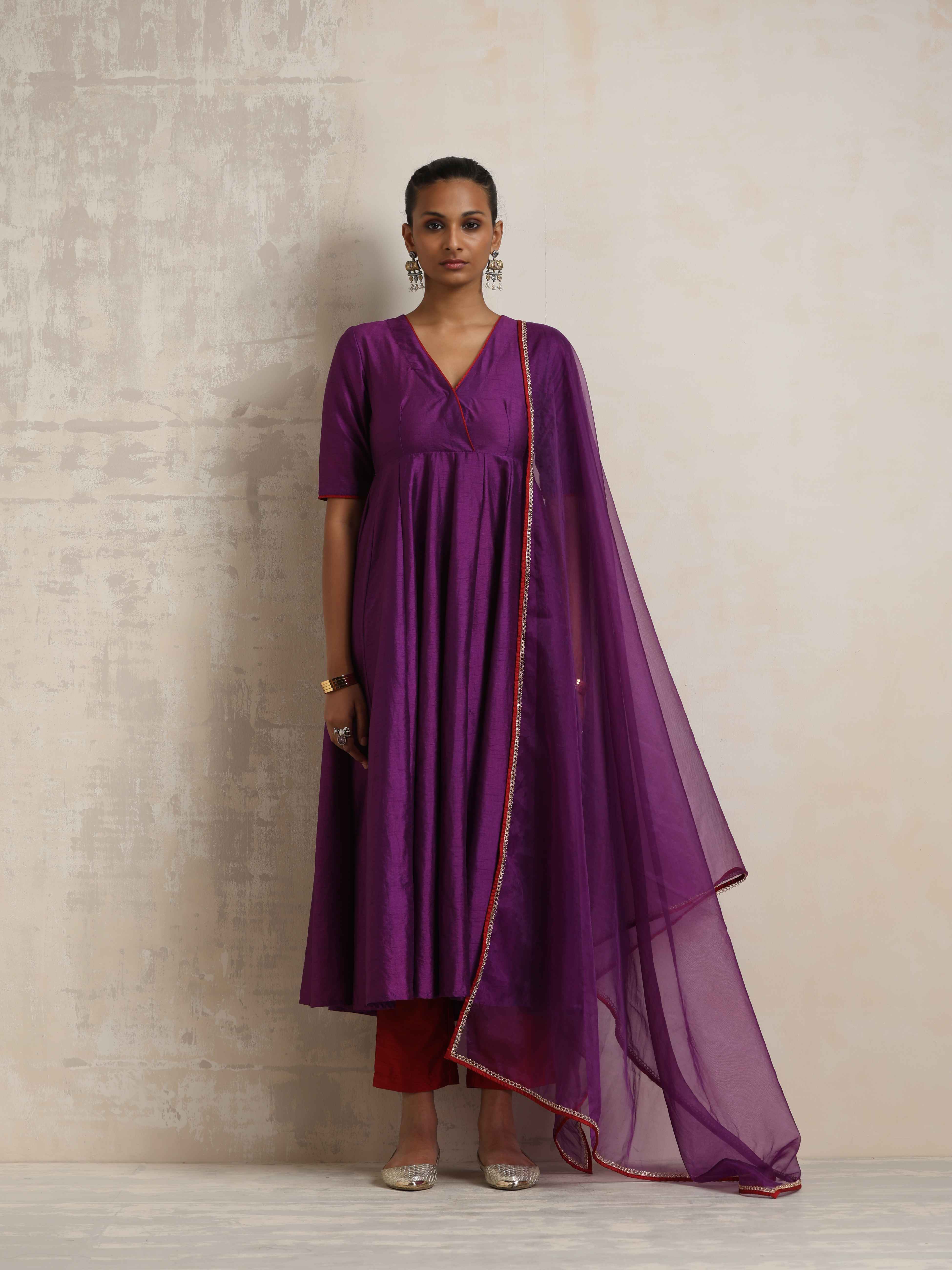 trueBrowns Purple Silk Anarkali Kurta Pant Dupatta Set - view 2