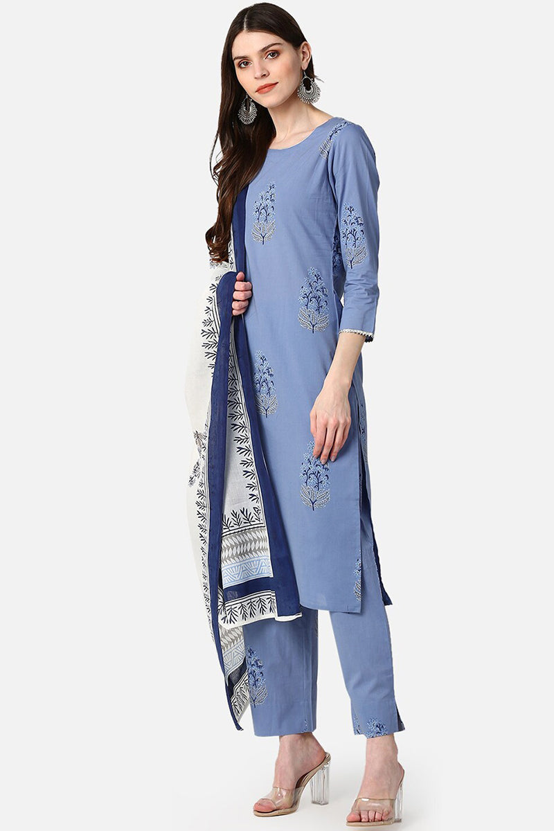 Ahika Women Cotton Blue Ethnic Motifs Printed Straight Kurta Palazzo Dupatta Set VKSKD1059 - view 3
