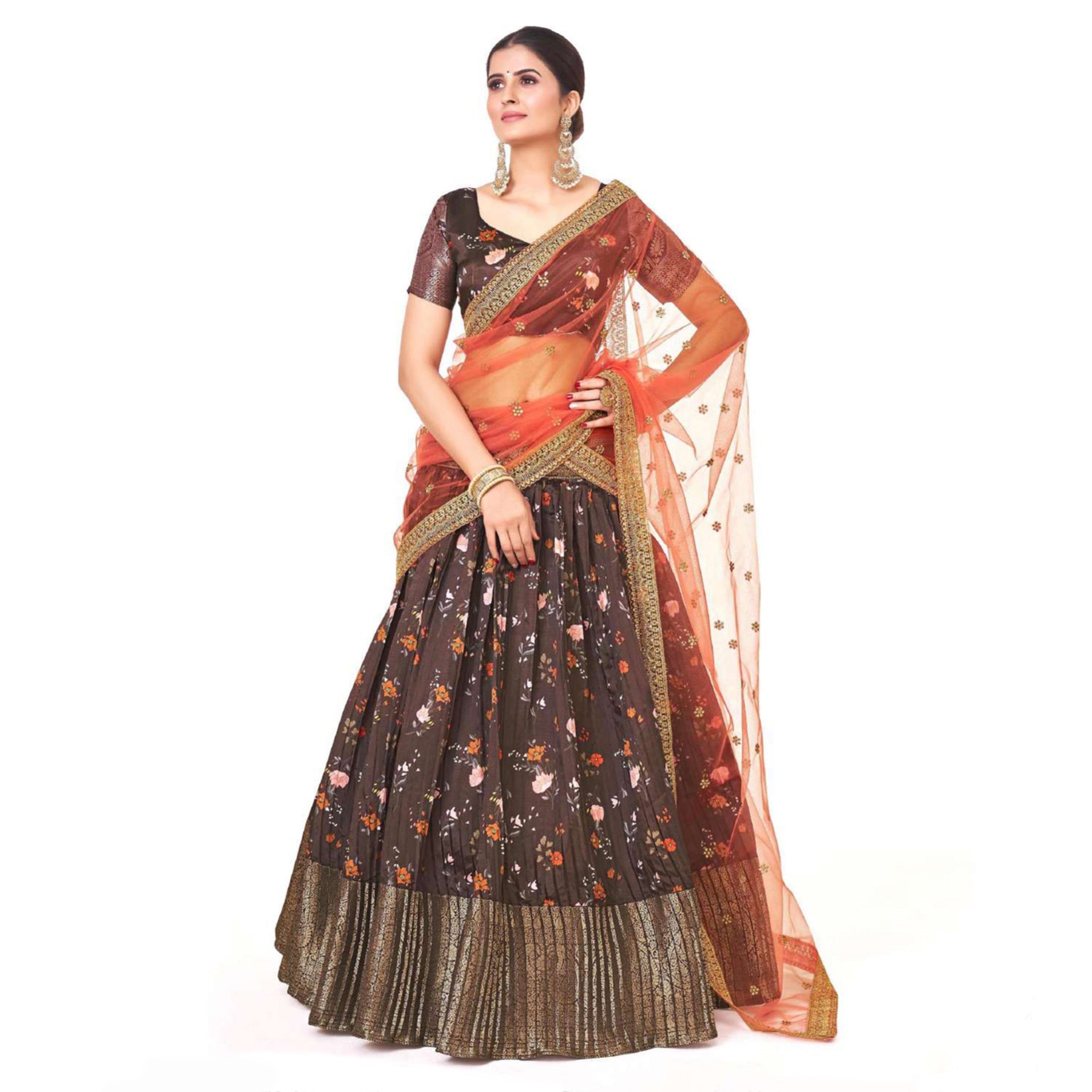 Peachmode Brown Digital Printed With Zari Work Art Silk Lehenga Choli