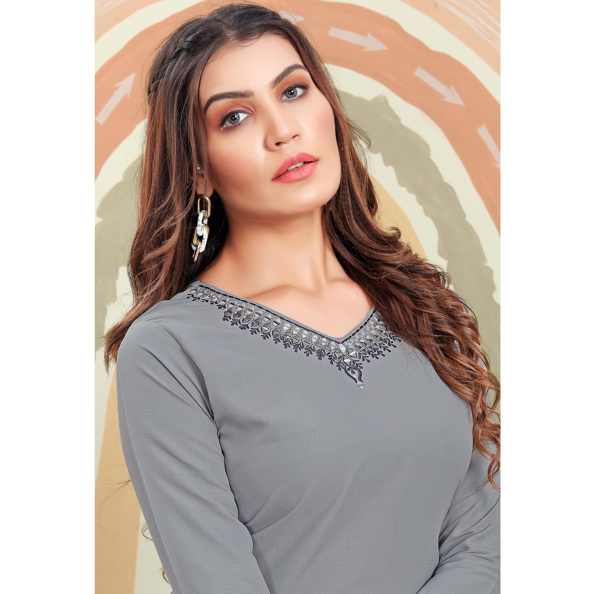 BlackTree grey-mirror-embroidered-cotton-blend-kurti - view 3