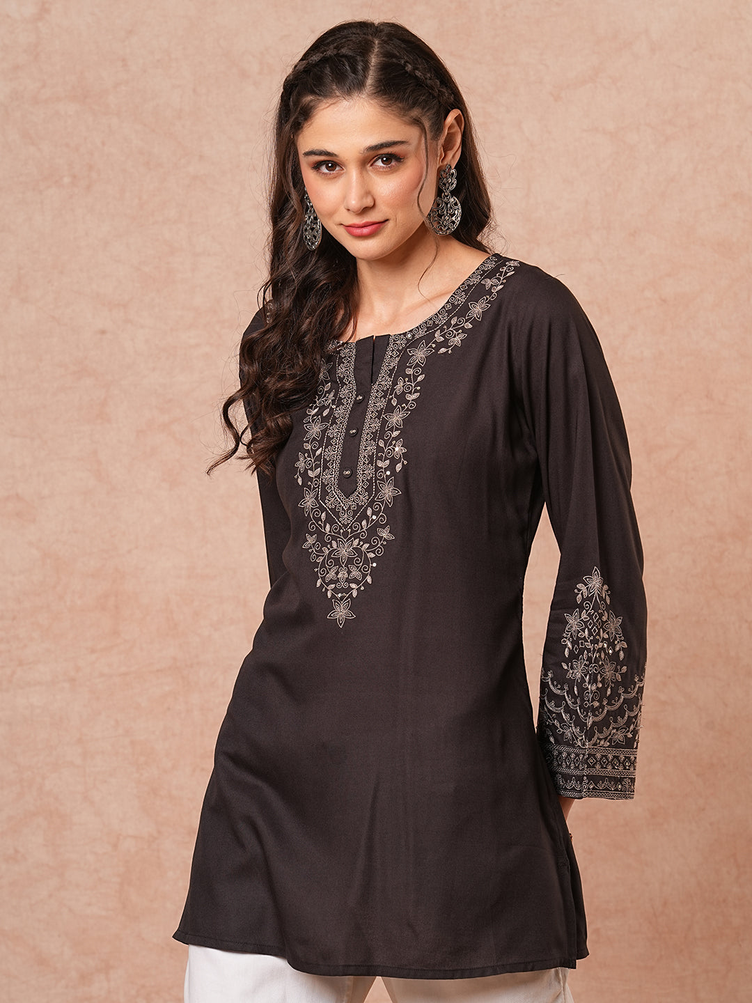 Fashor Solid Floral Sequin Embroidered A-Line Short Kurti - Black - view 2