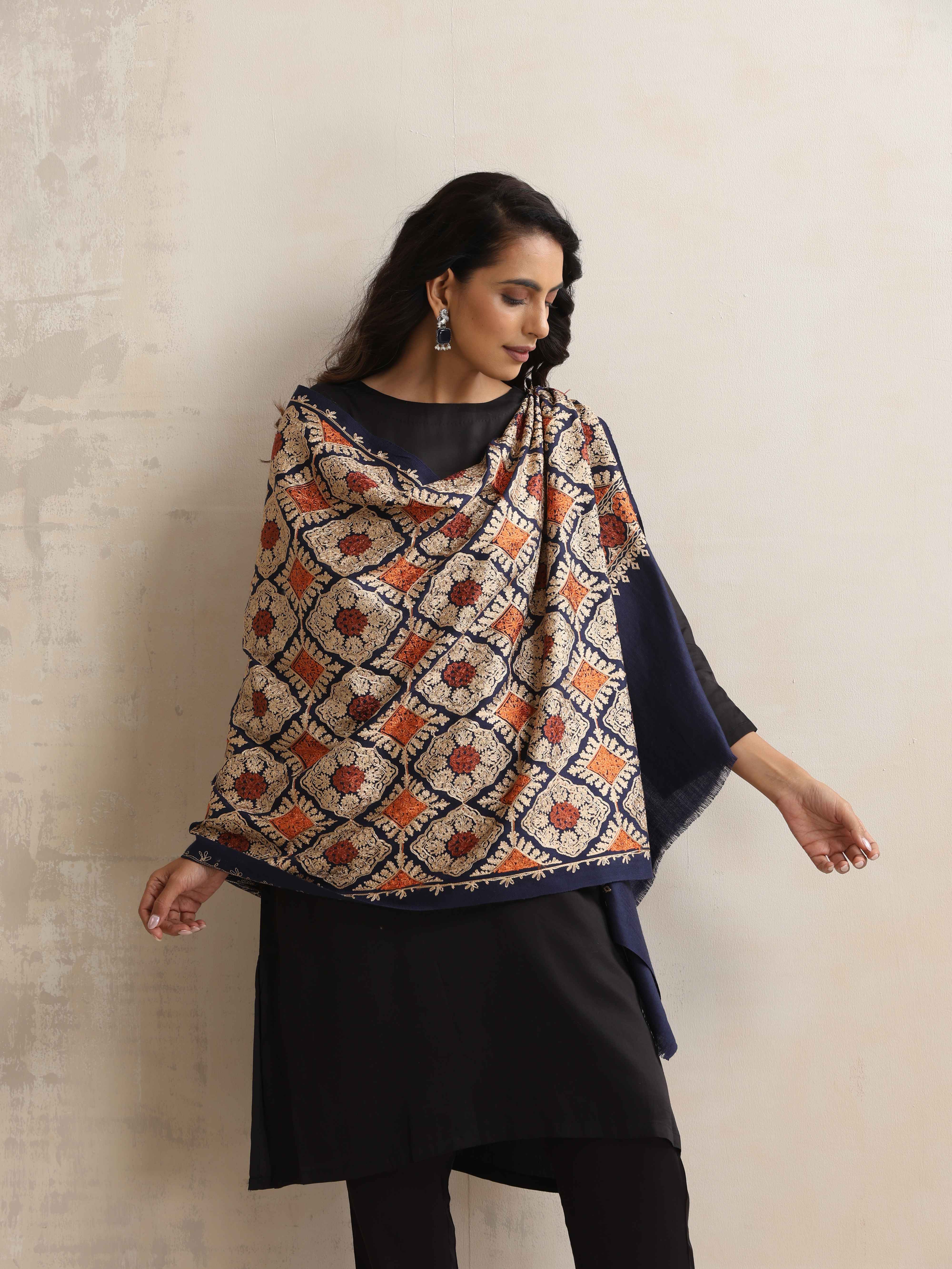 trueBrowns Navy Blue Embroidered Woollen Stole - view 3