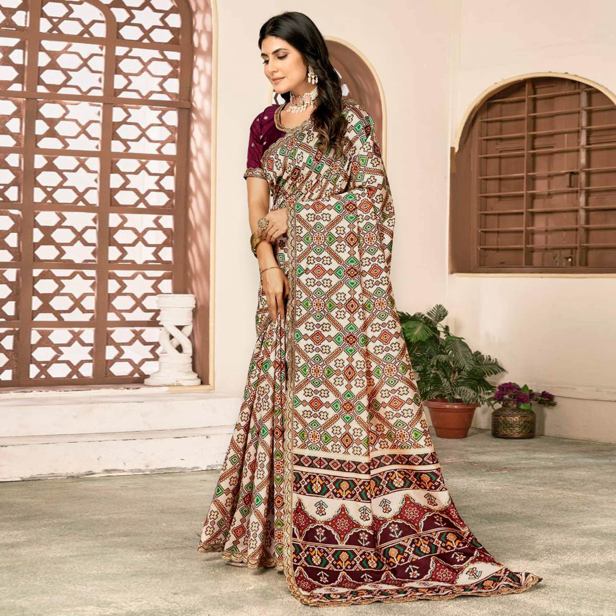 Peachmode Off White Printed Patola Tussar Silk Saree - view 4